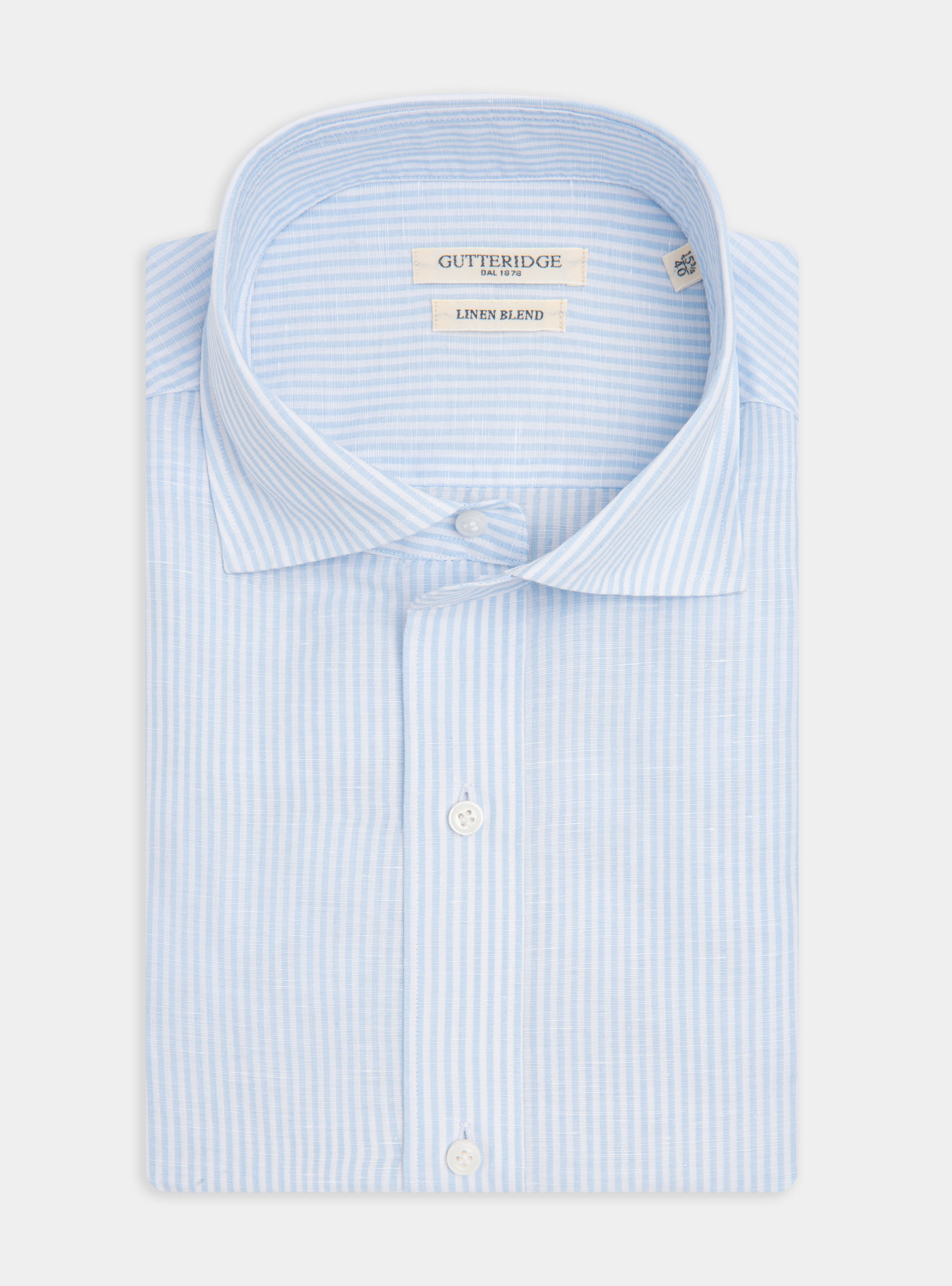 Semi-French collar shirt in linen and striped cotton, LIGHT BLUE