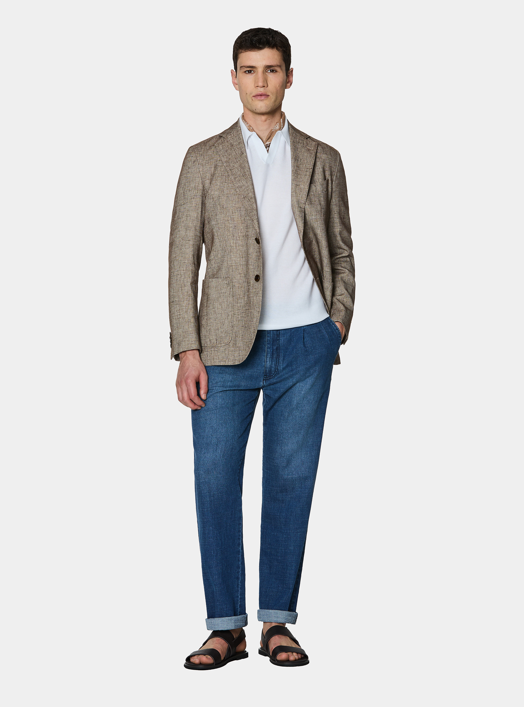Blazer in cotton and slubbed linen, BROWN