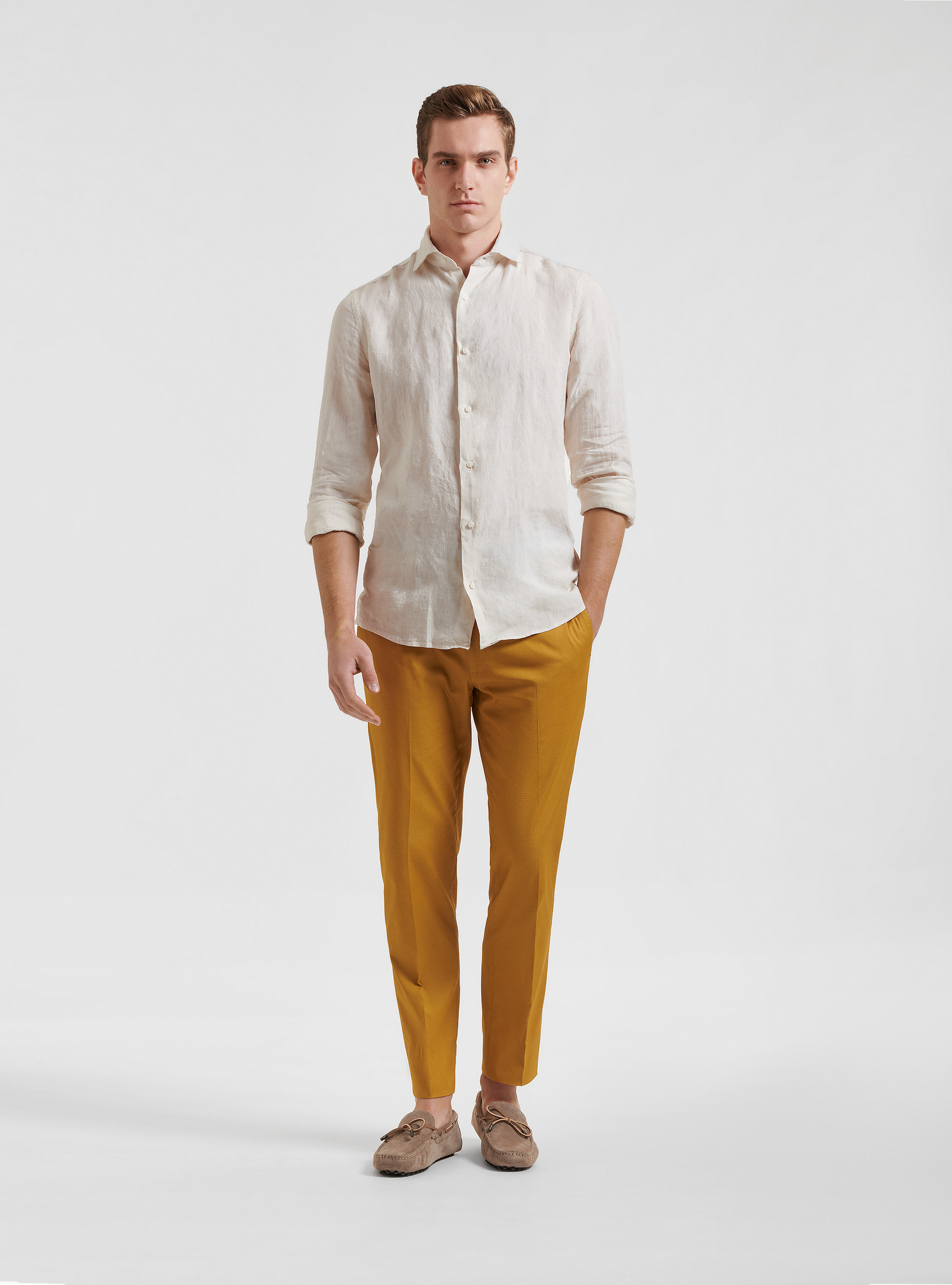 Camicia collo semi francese in puro lino, ECRU