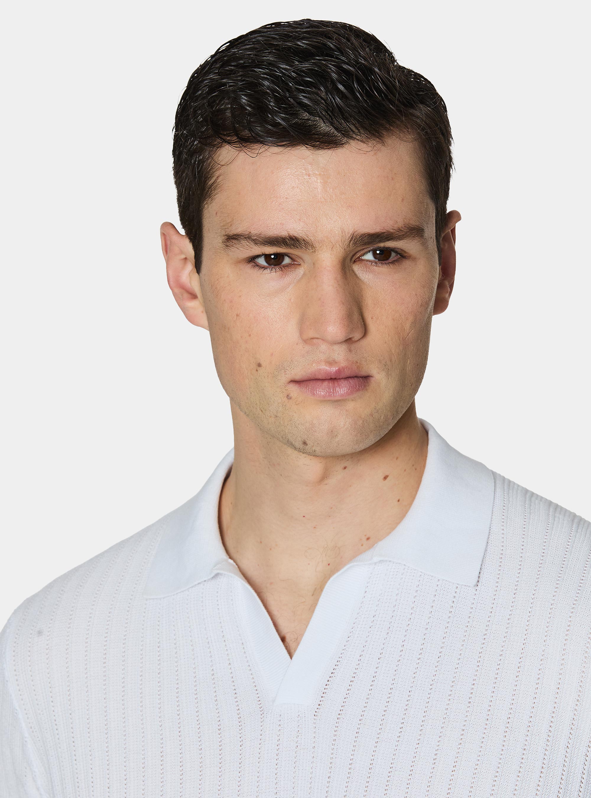 Poloshirt aus perforiertem Strick ohne Kn&ouml;pfe aus extrafeiner Baumwolle, BIANCO 0099C