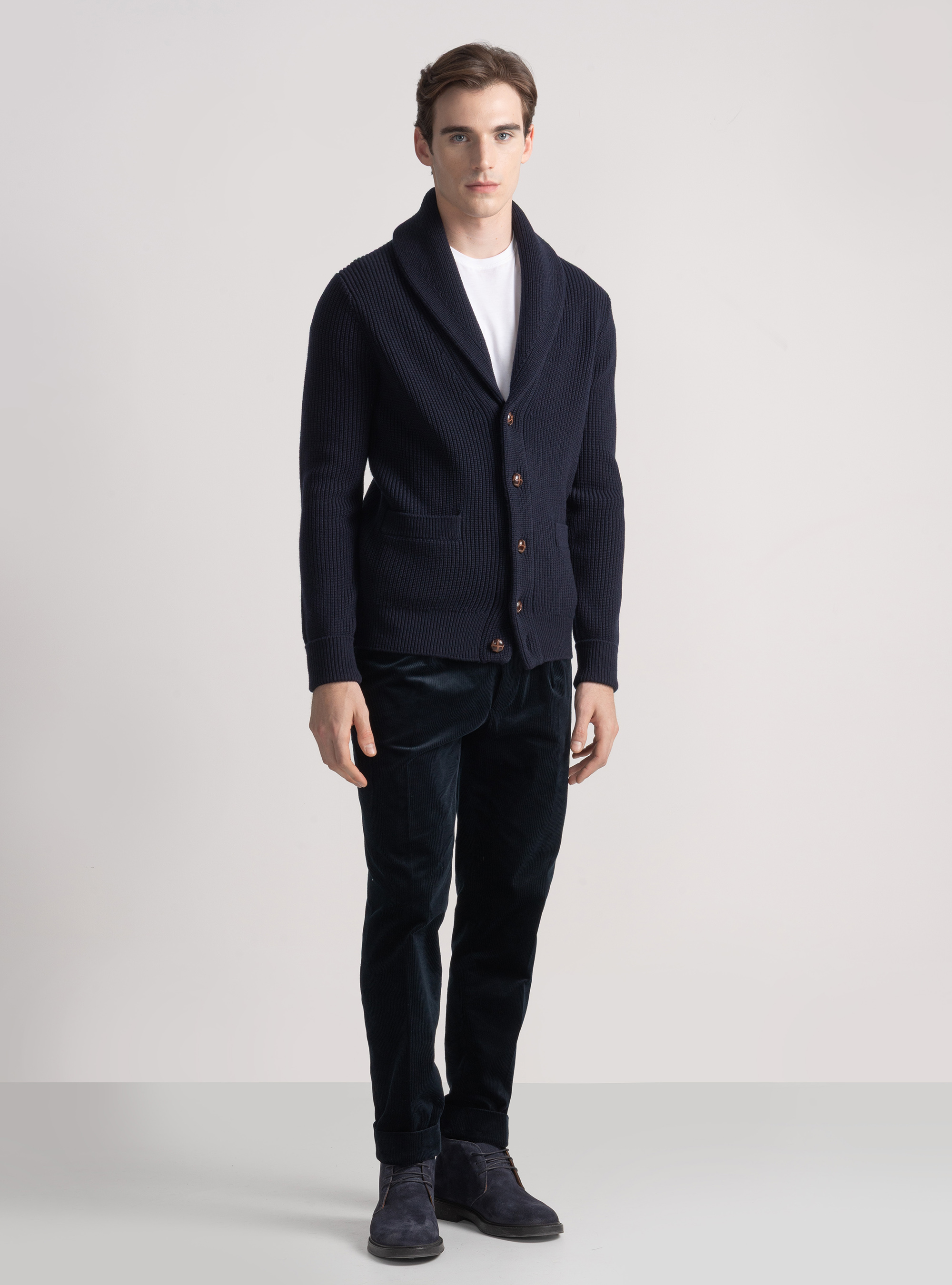 Merino wool shawl knit cardigan, NAVY BLUE