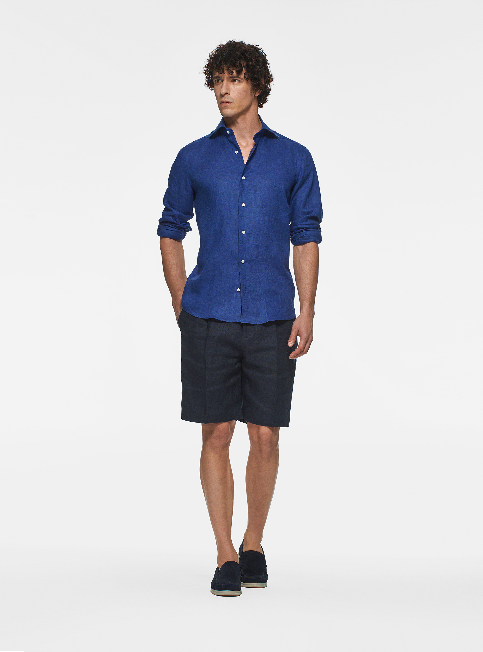 Italian collar shirt in pure linen, BLUE