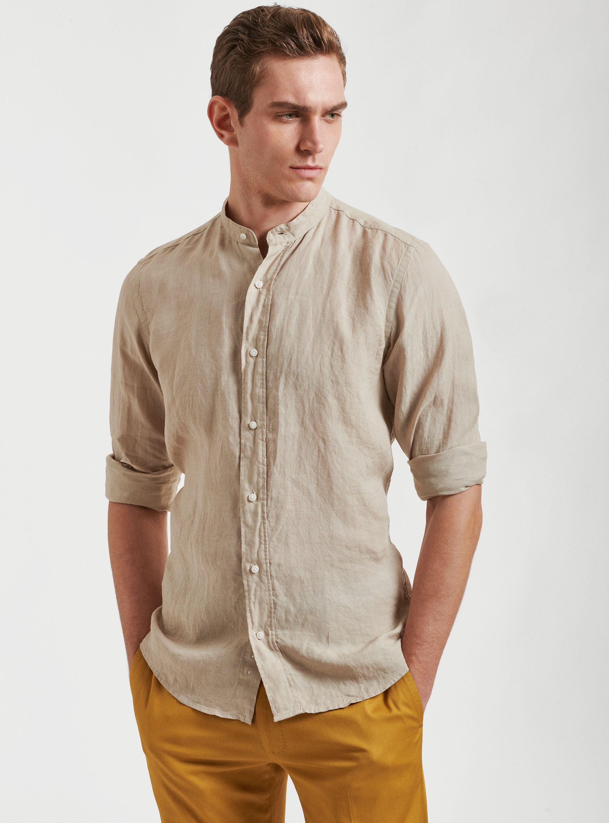 Camicia collo coreano 100% lino, SABBIA
