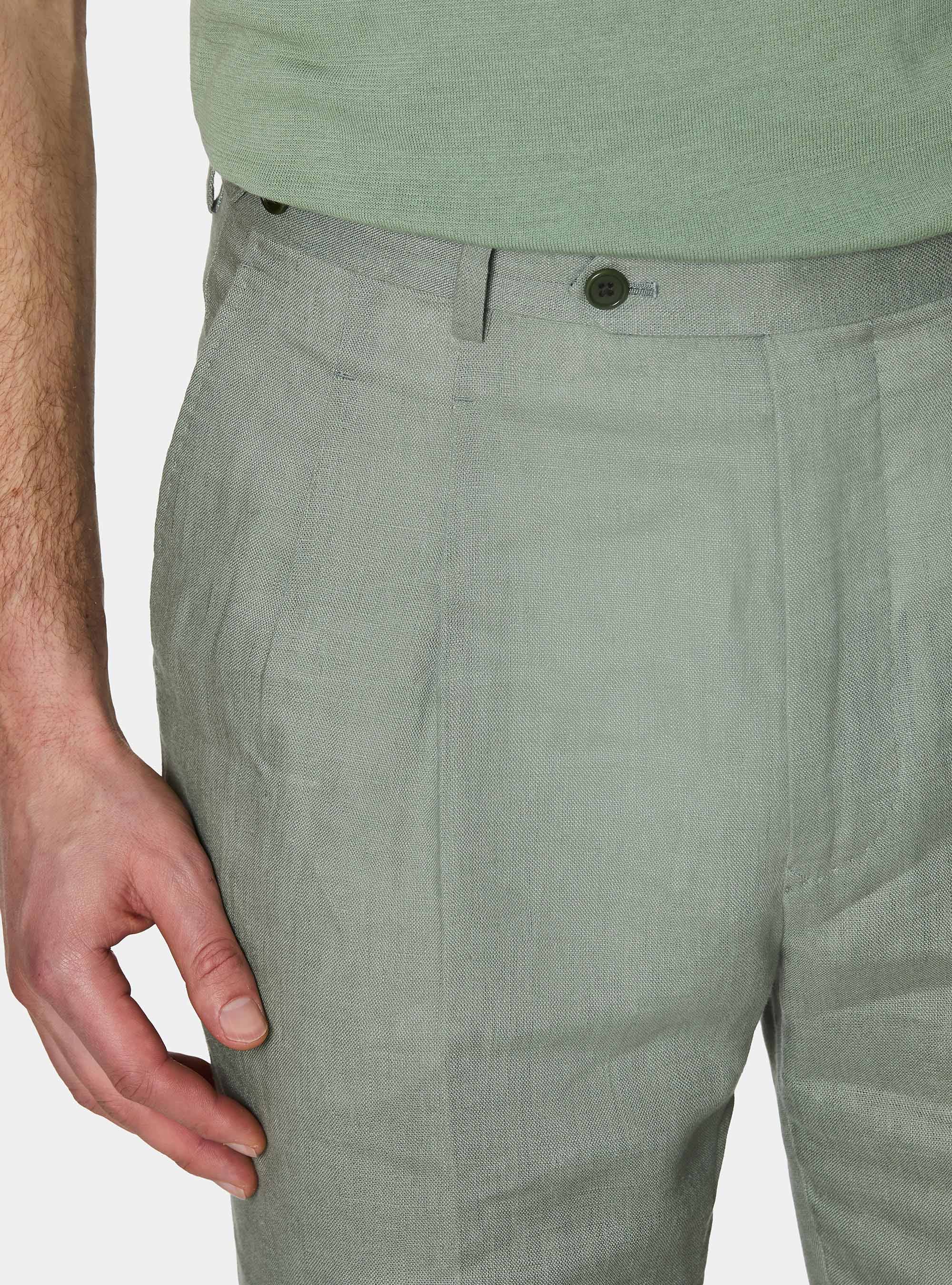 Pantal&oacute;n de lino puro con doble pinza, SALVIA 0602C