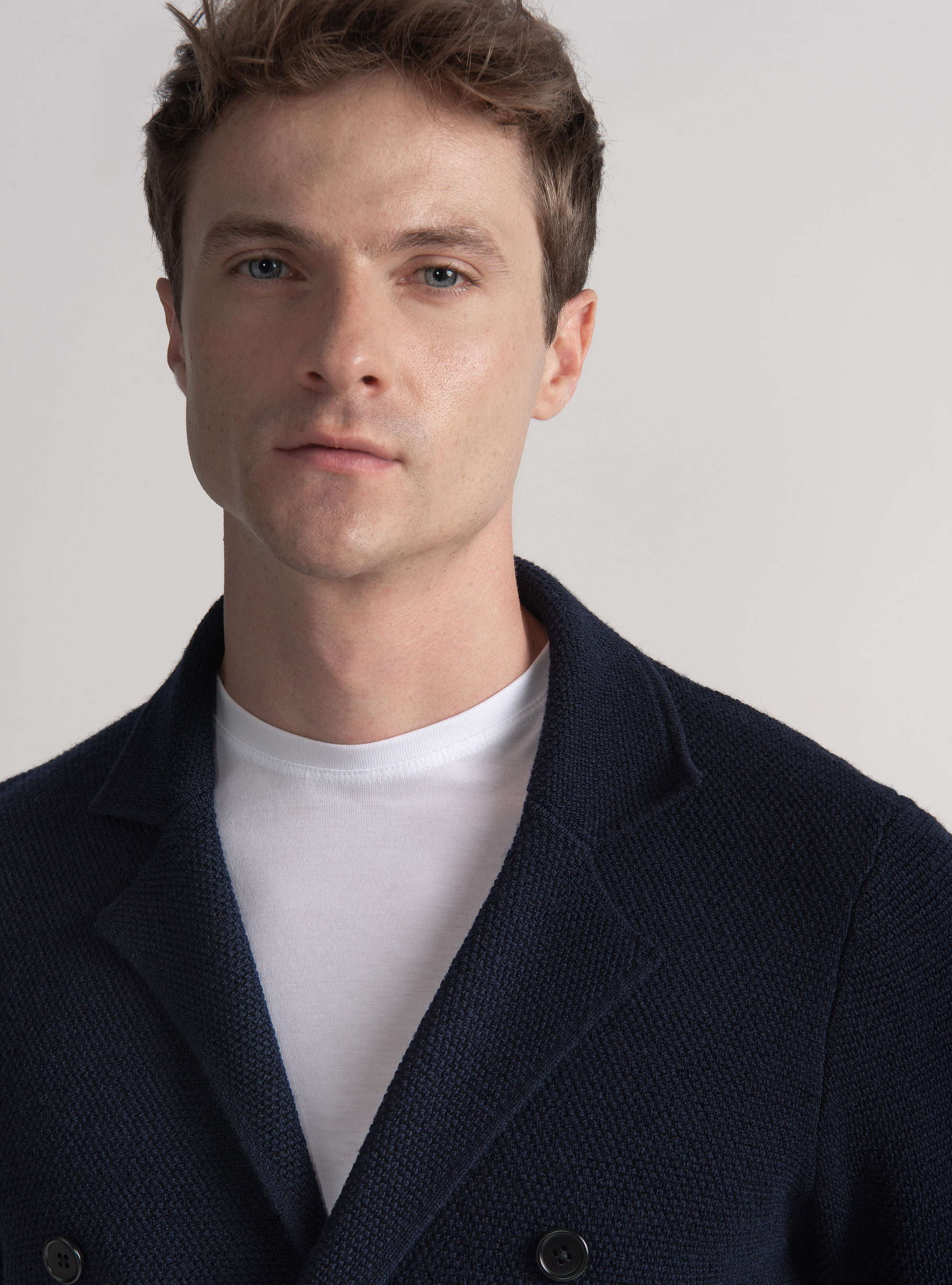 Merino wool double-breasted knitted jacket, NAVY BLUE