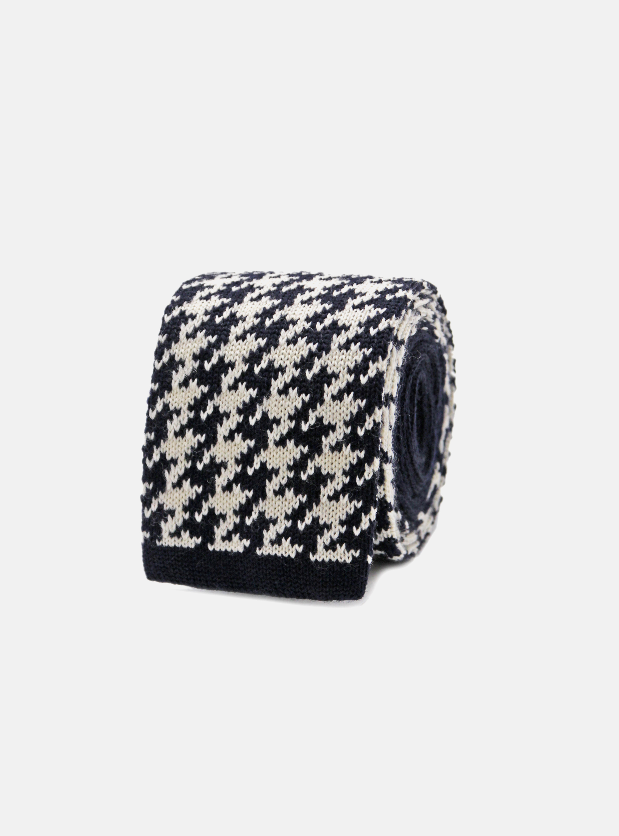 Pied de poule knitted wool tie, NAVY BLUE