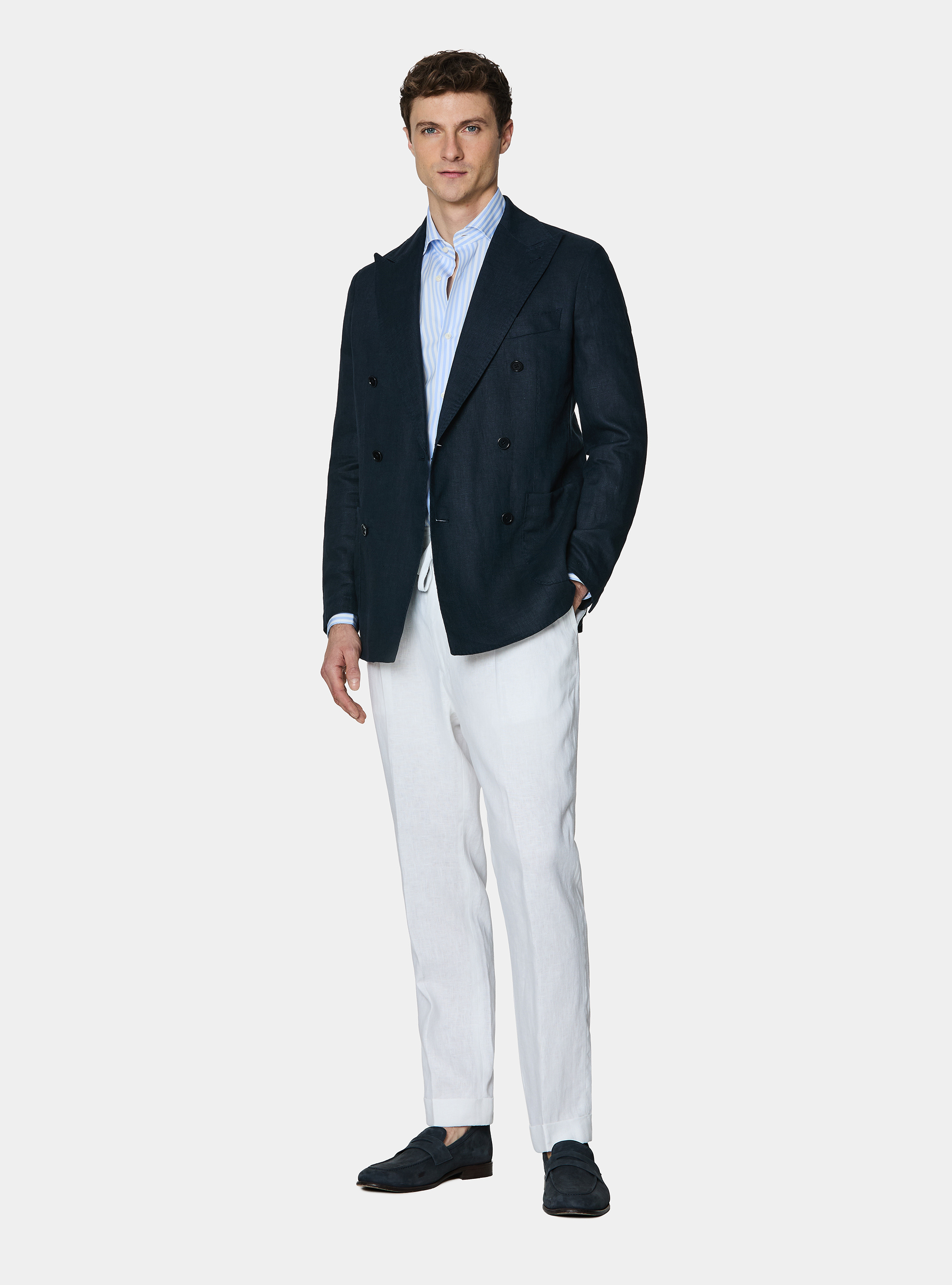 Double-breasted blazer in pure linen, NAVY BLUE