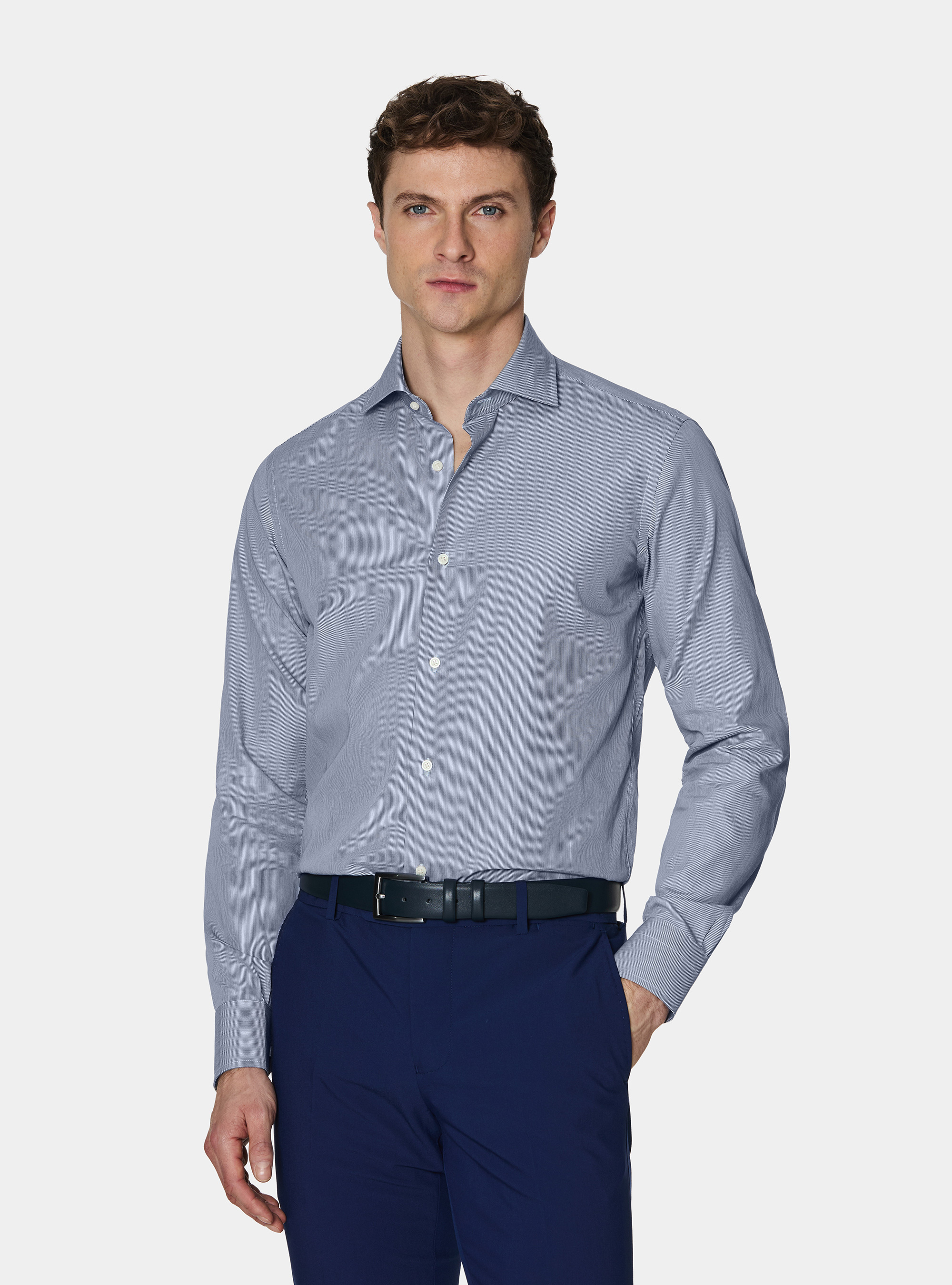 Shirt in fine-striped cotton poplin, NAVY BLUE