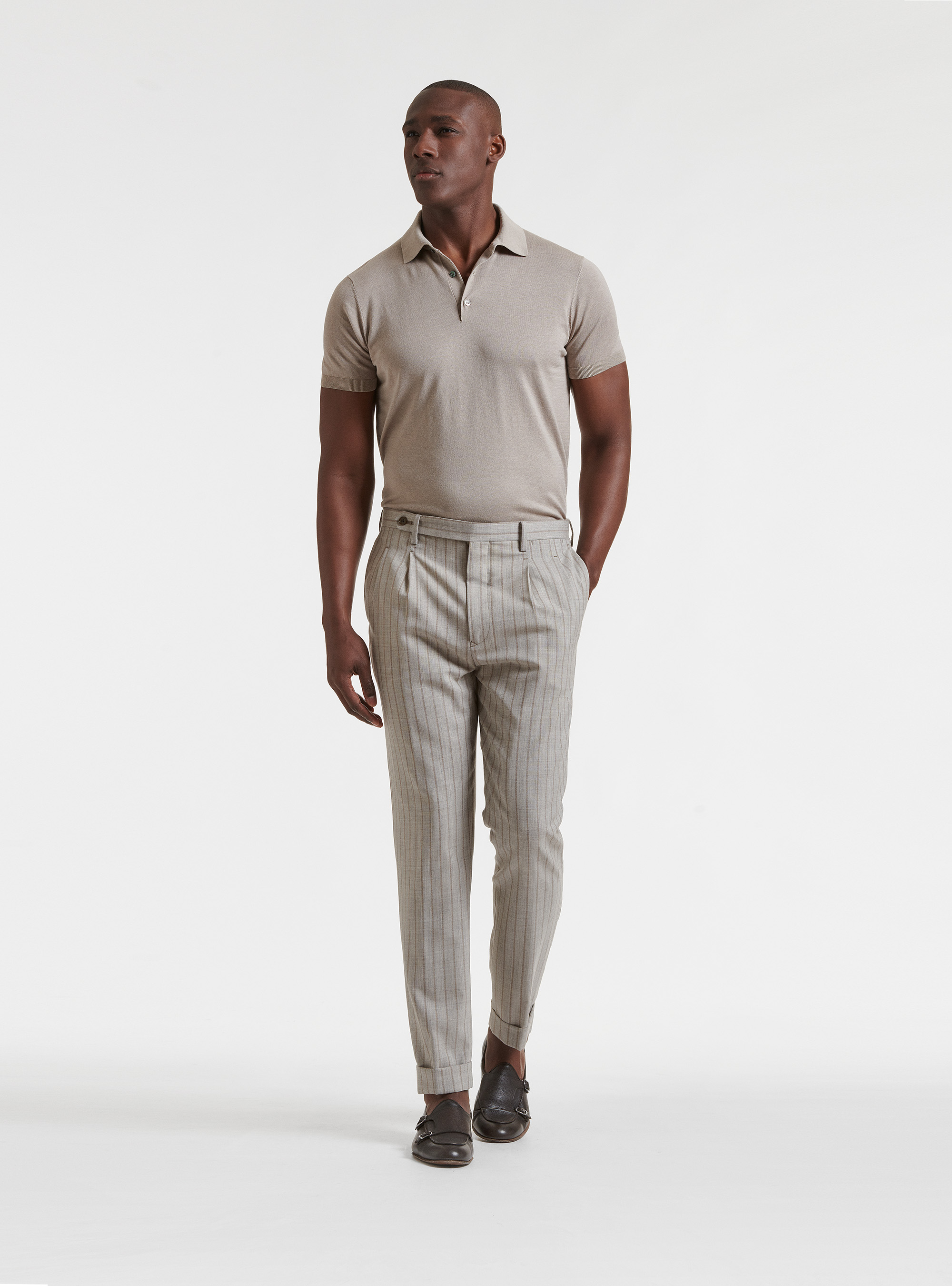 Pantalon &agrave; pinces doubles en pure laine ray&eacute;e, SABLE