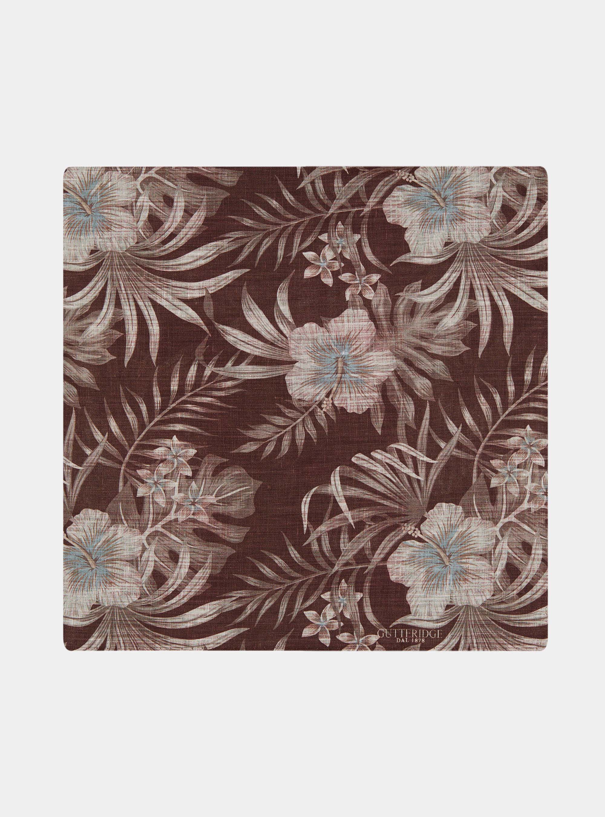 Foulard en lin imprim&eacute; fleurs, MARRON