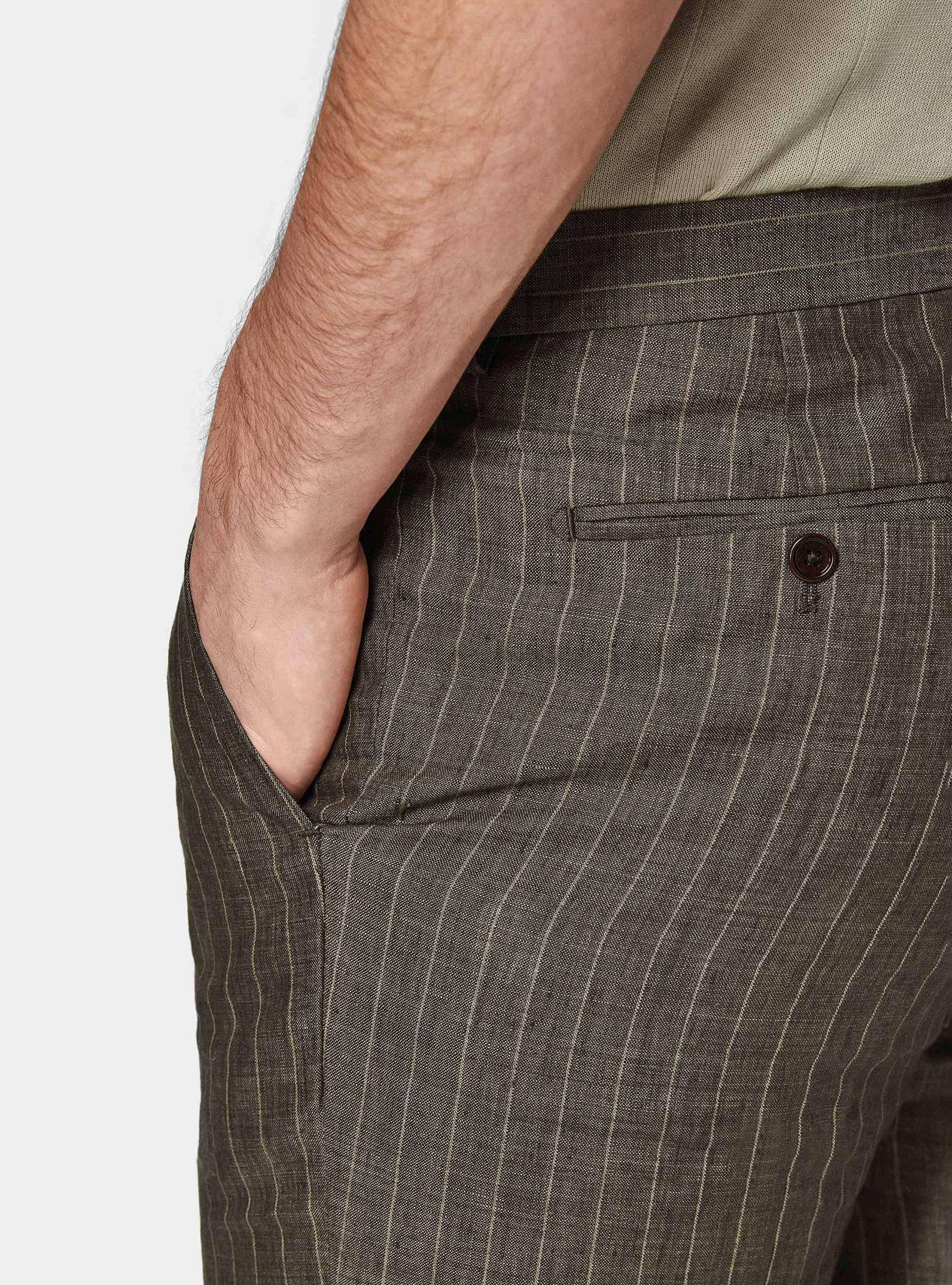 Double-breasted pinstripe suit trousers in delav&eacute; linen, BROWN
