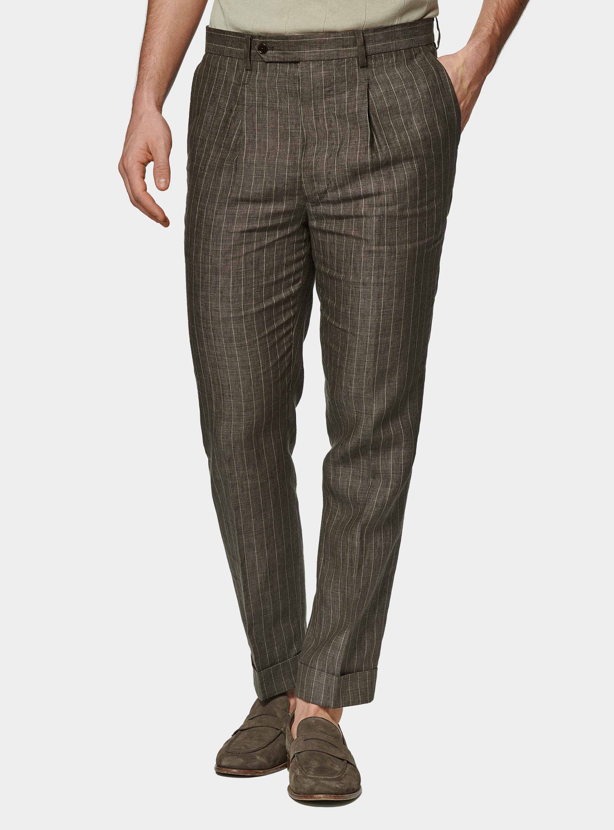 Pantal&oacute;n de traje a rayas con doble botonadura en lino delav&eacute;, MARRON