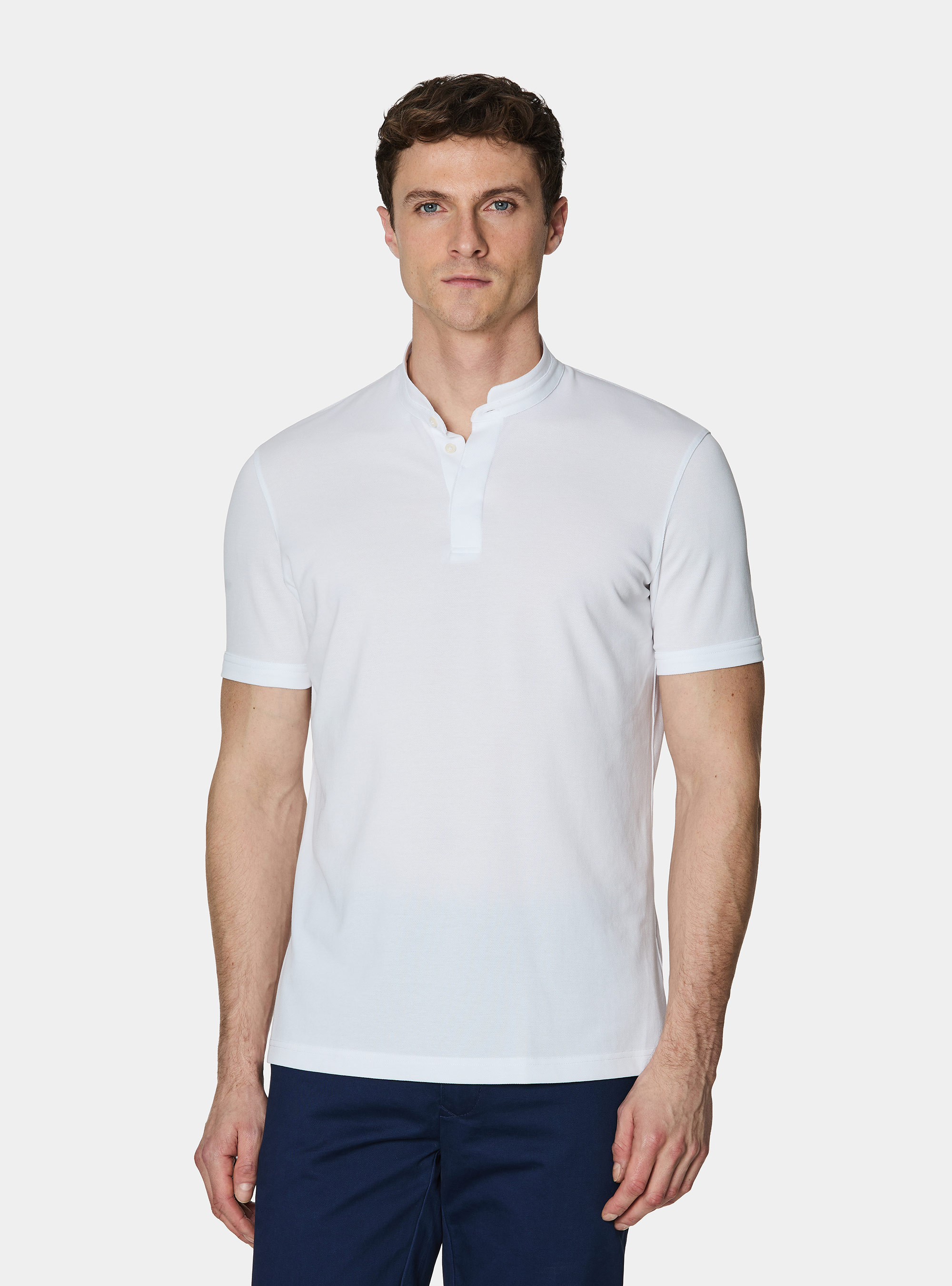 Polo collo coreano in misto cotone stretch, BIANCO