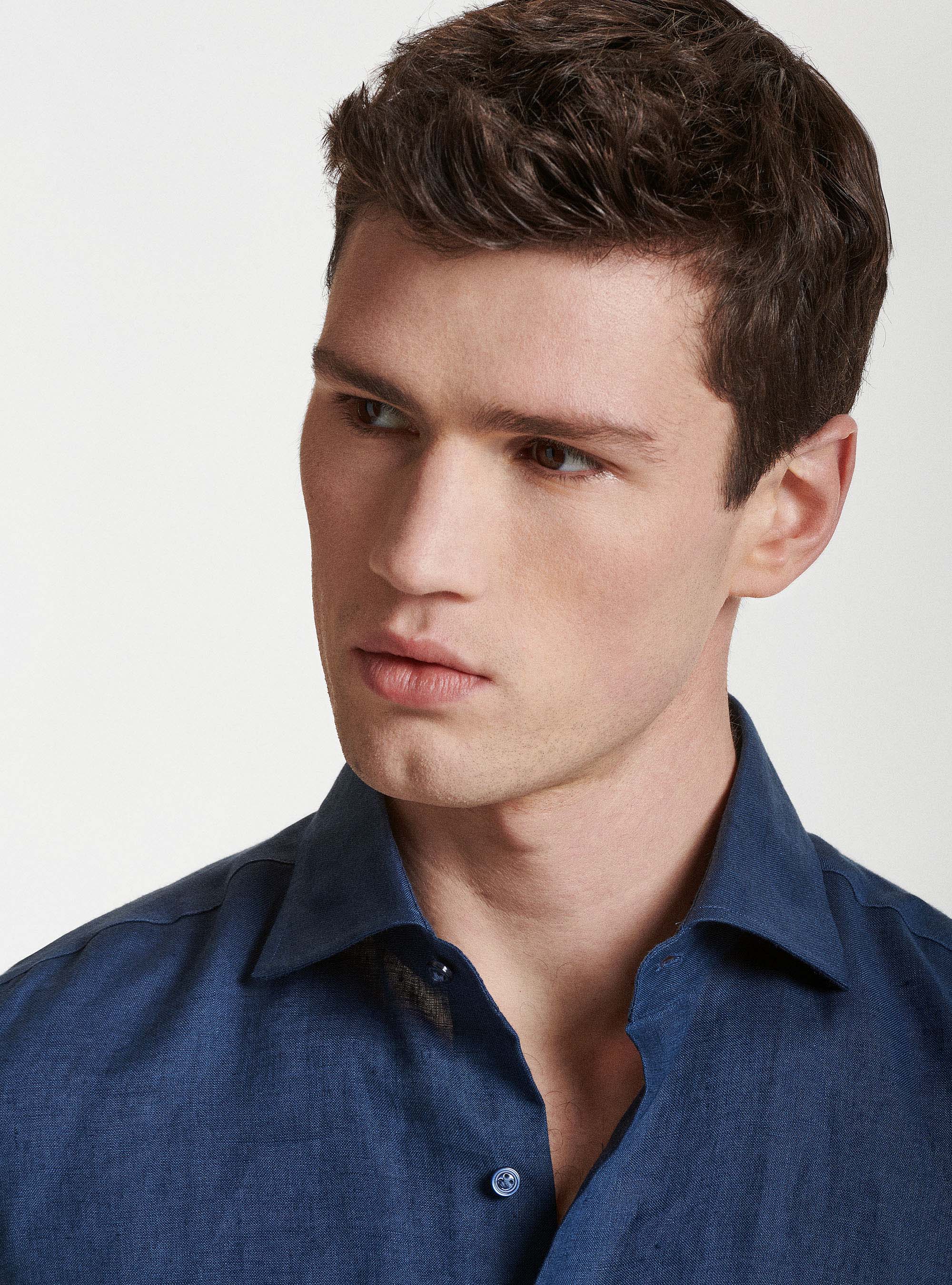 Chemise en pur lin &agrave; col semi-fran&ccedil;ais, BLEU MARINE