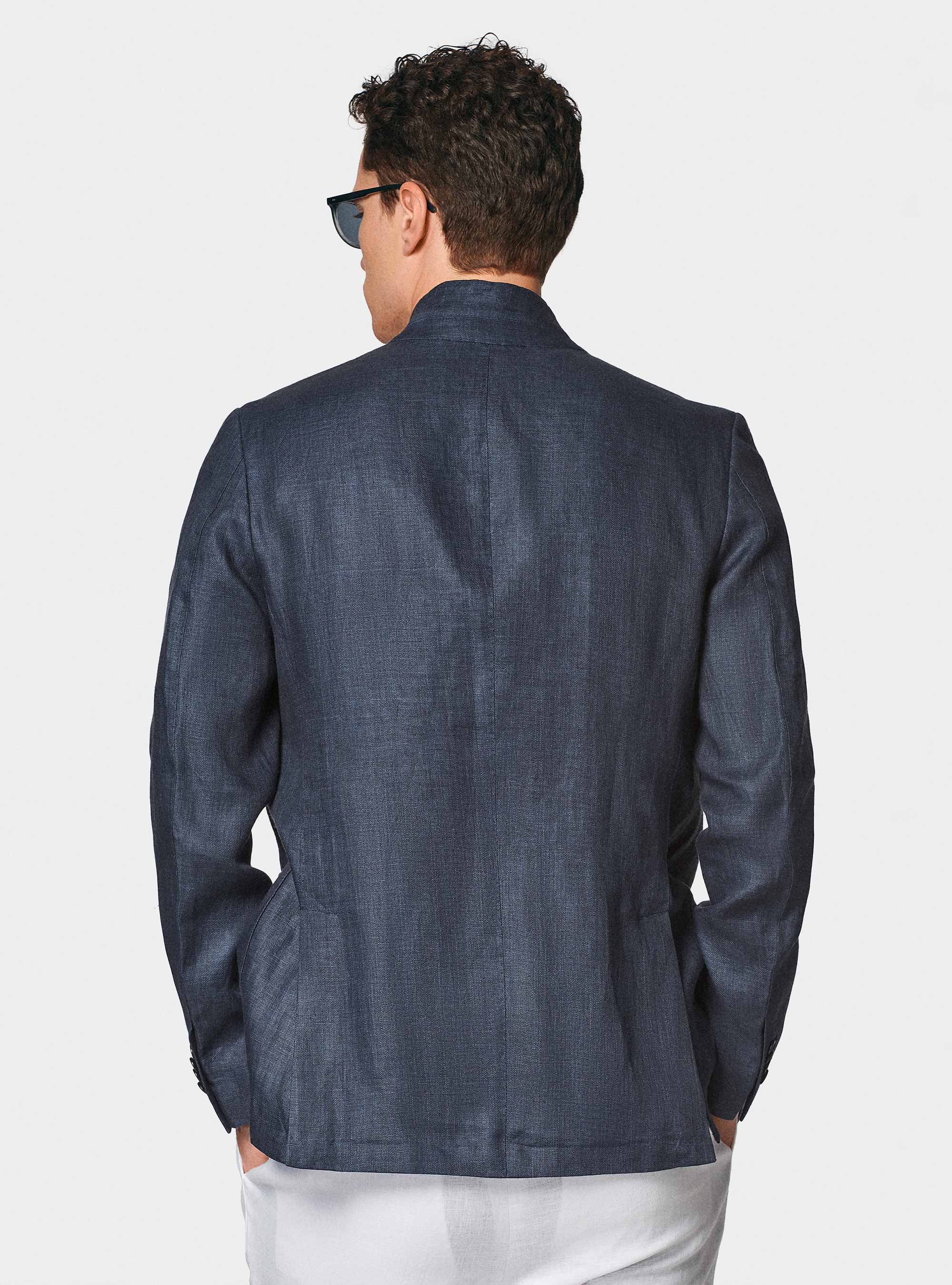 Korean blazer in pure herringbone linen, NAVY BLUE