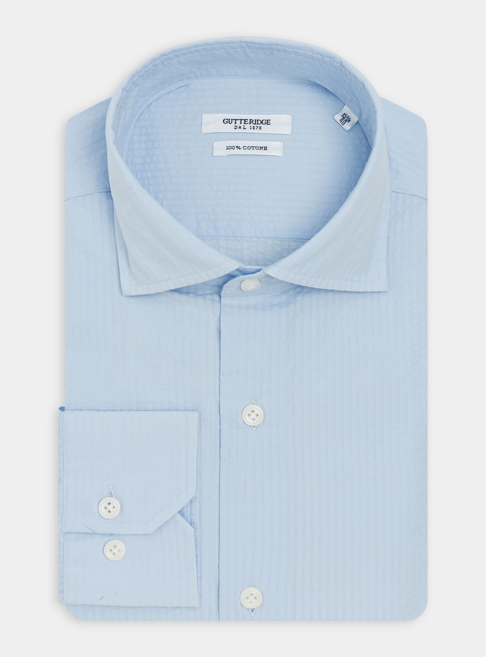 Camicia collo semi francese in cotone seersucker, AZZURRO