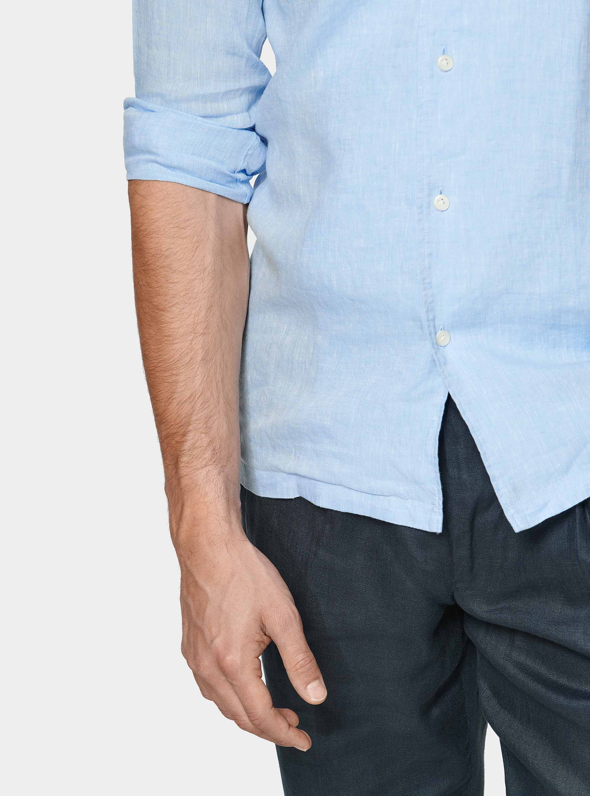 Camicia bowling in puro lino con tasconi, AZZURRO