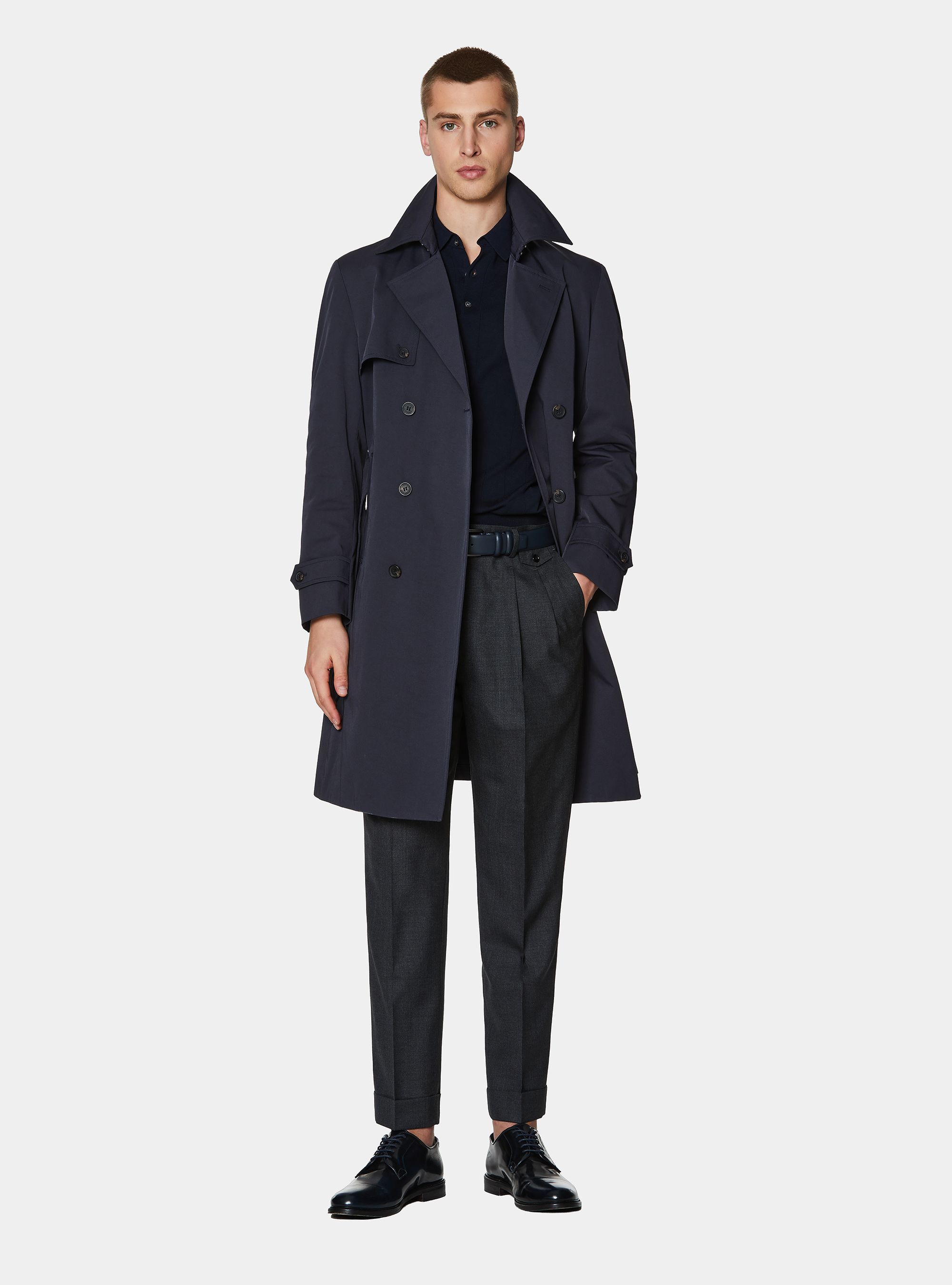 Double-breasted trench coat in cotton twill, NAVY BLUE