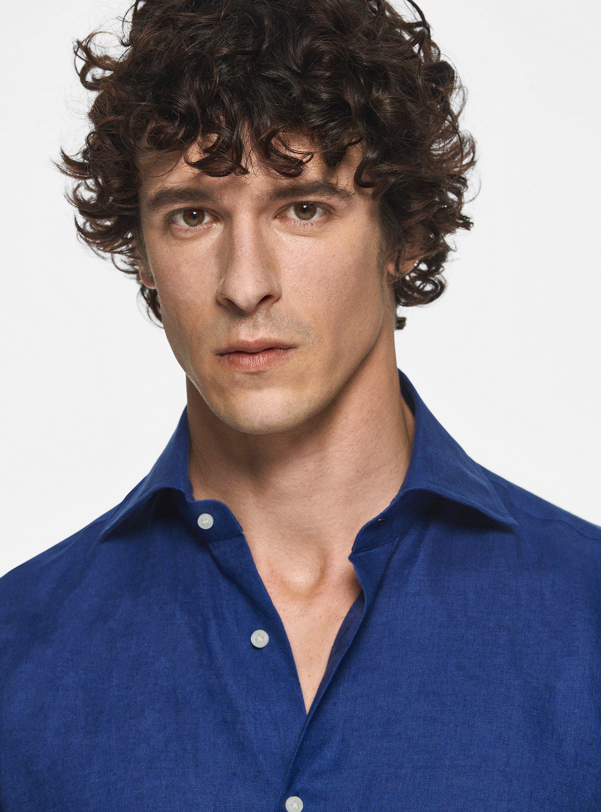 Italian collar shirt in pure linen, BLUE