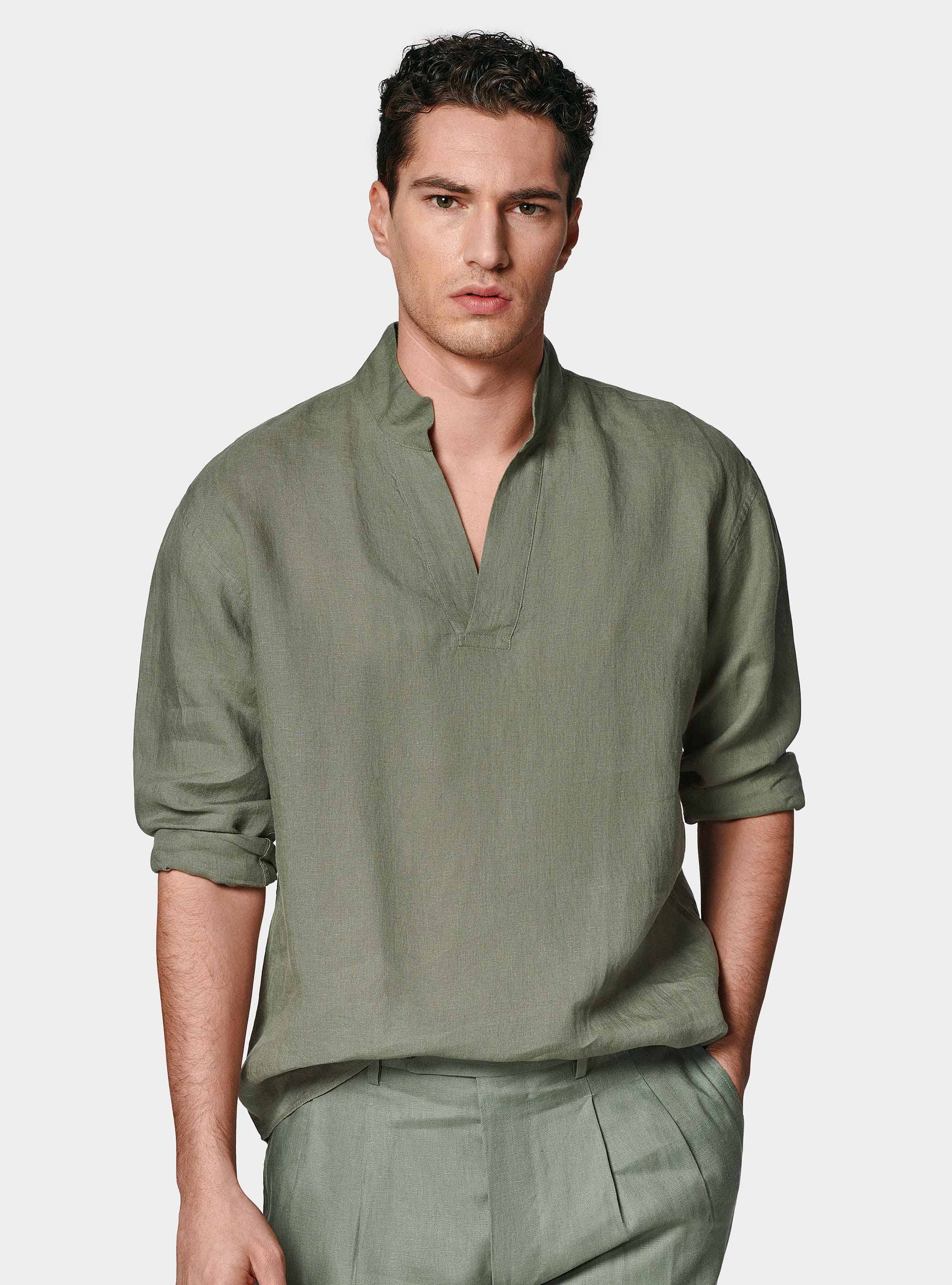 Camicia coreana in puro lino, SALVIA 0602C