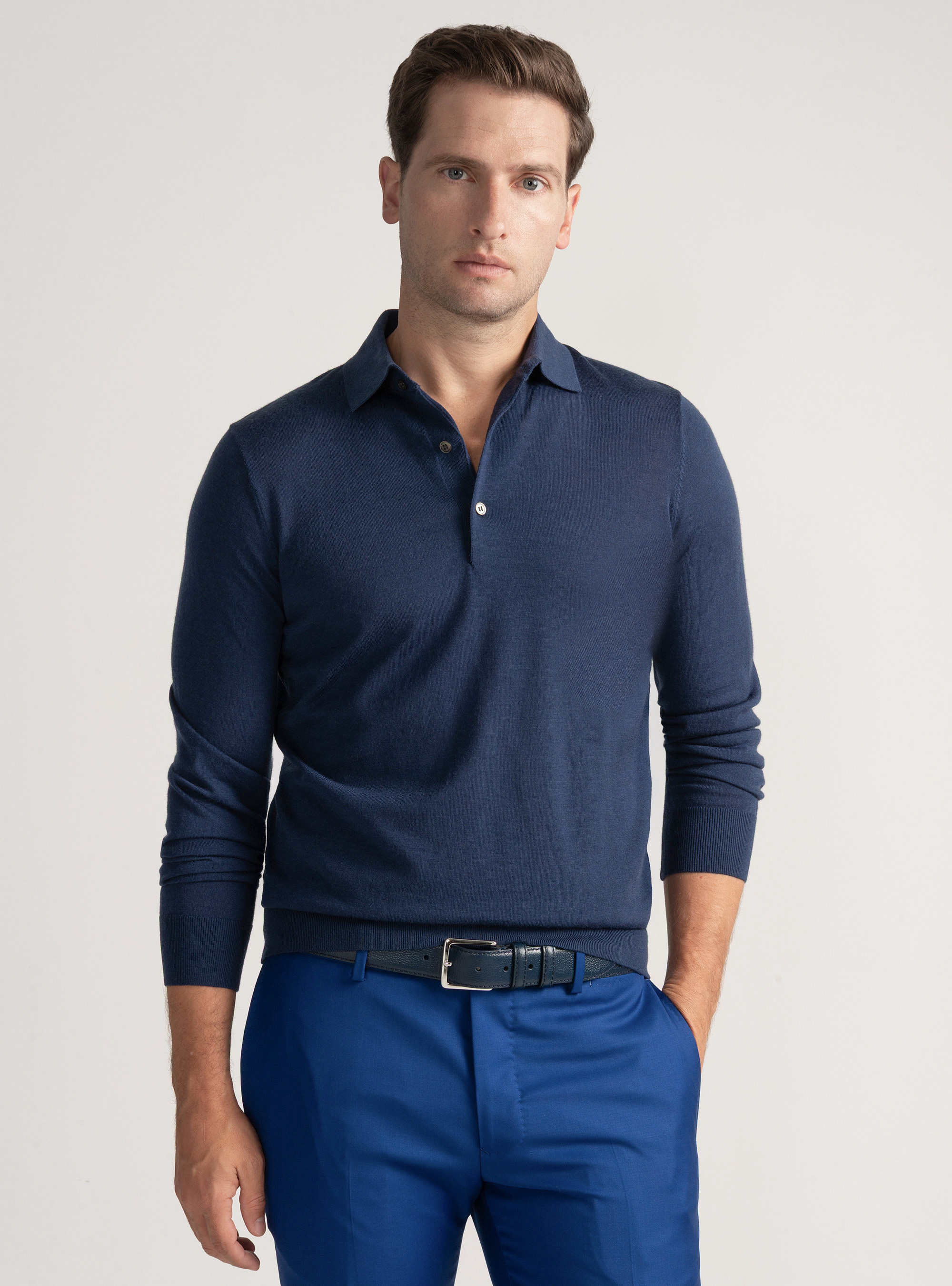Extra-fine merino wool polo shirt, INK