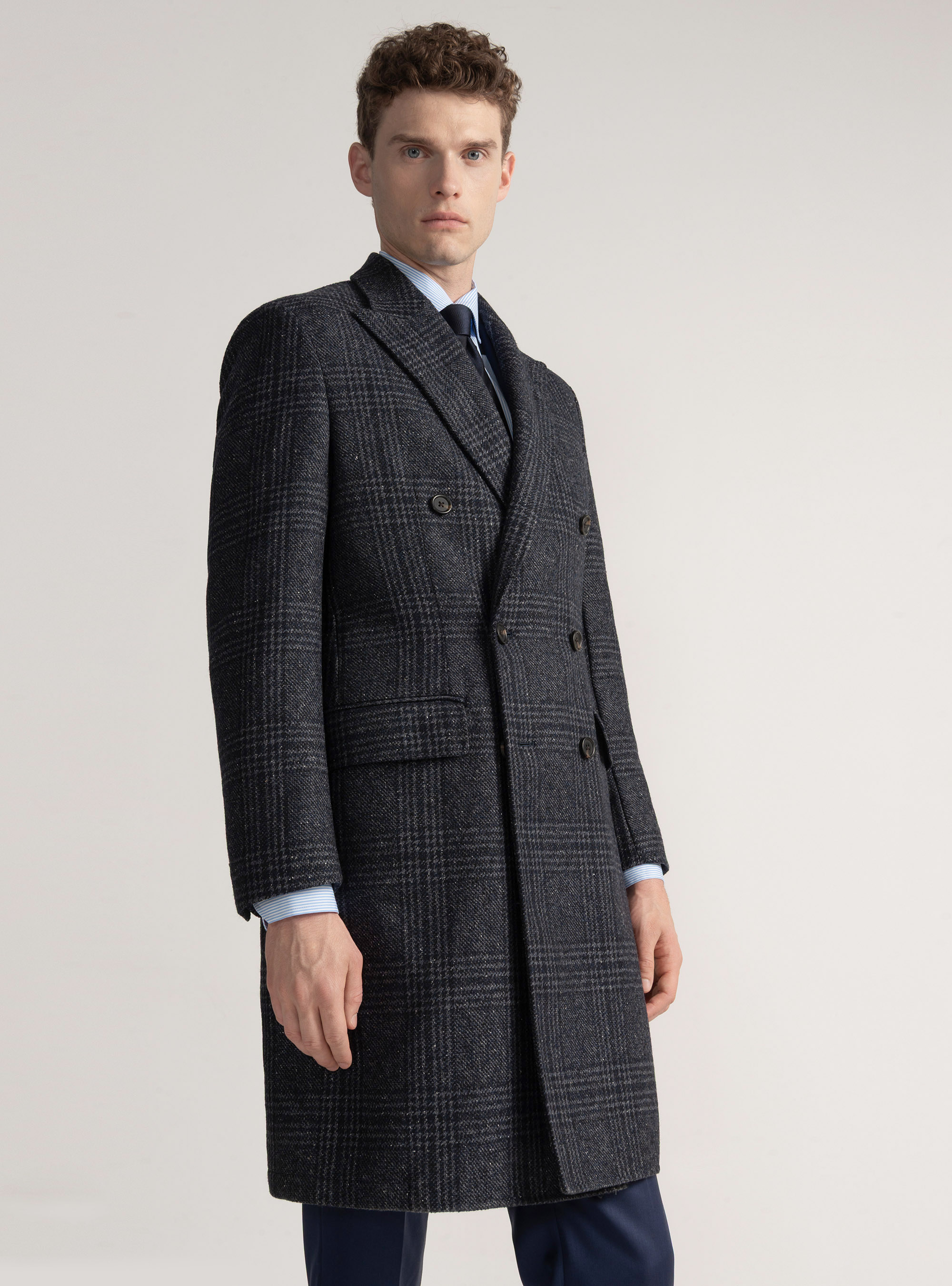 Fancy double-breasted coat in cashmere blend, NAVY BLUE