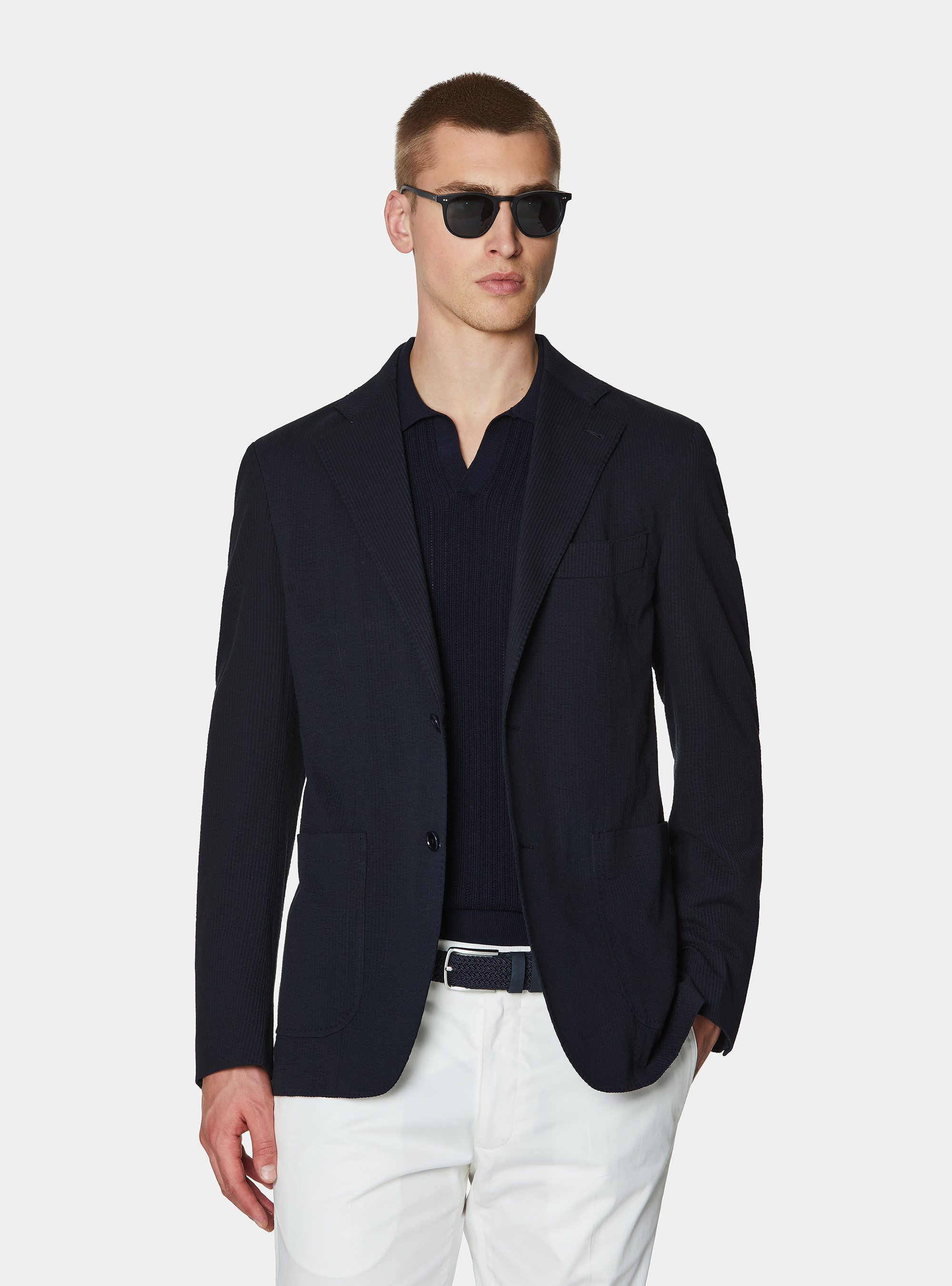 Technical cotton stretch blazer, NAVY BLUE