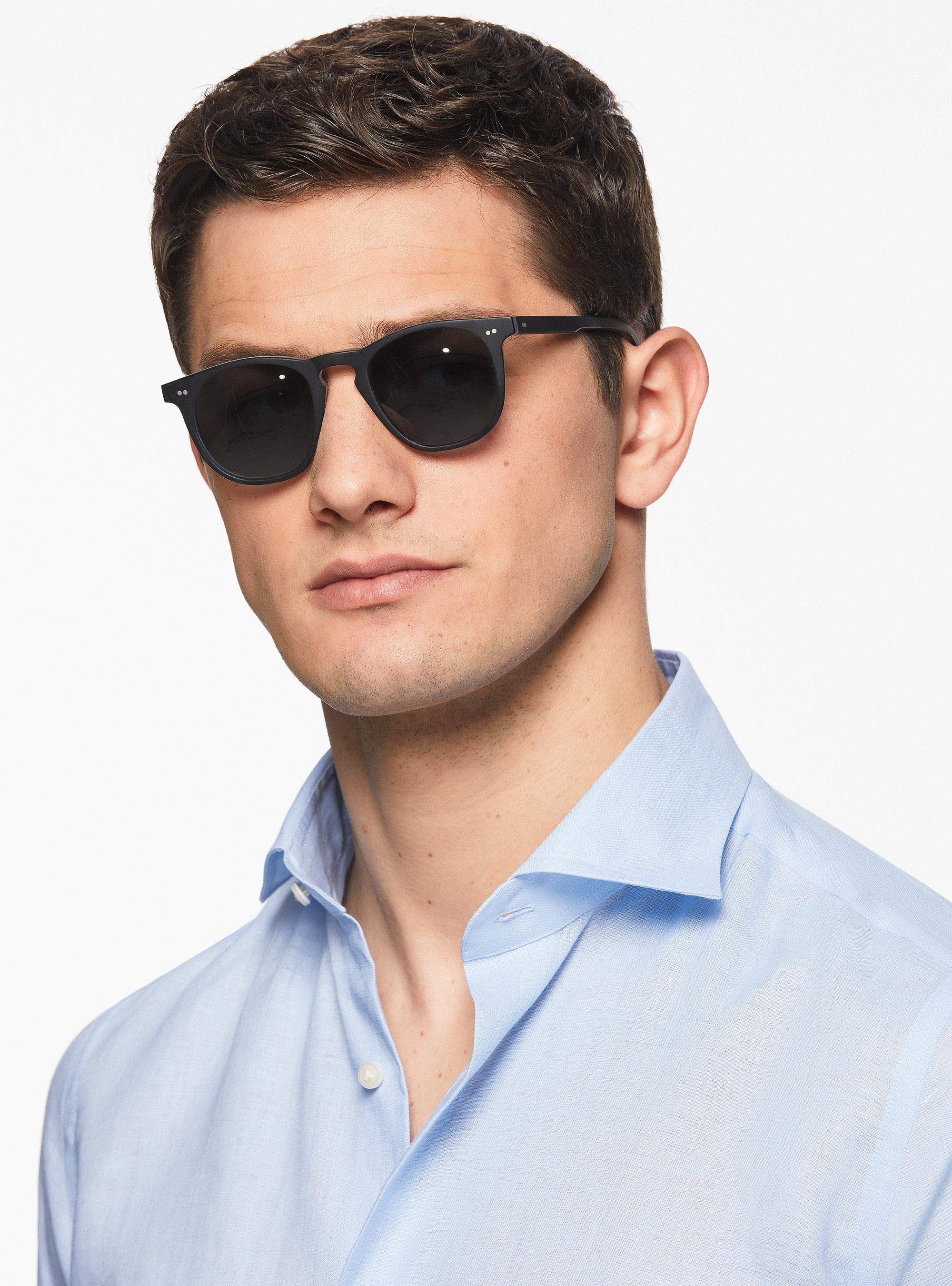 Camicia in puro lino con collo semi francese, AZZURRO