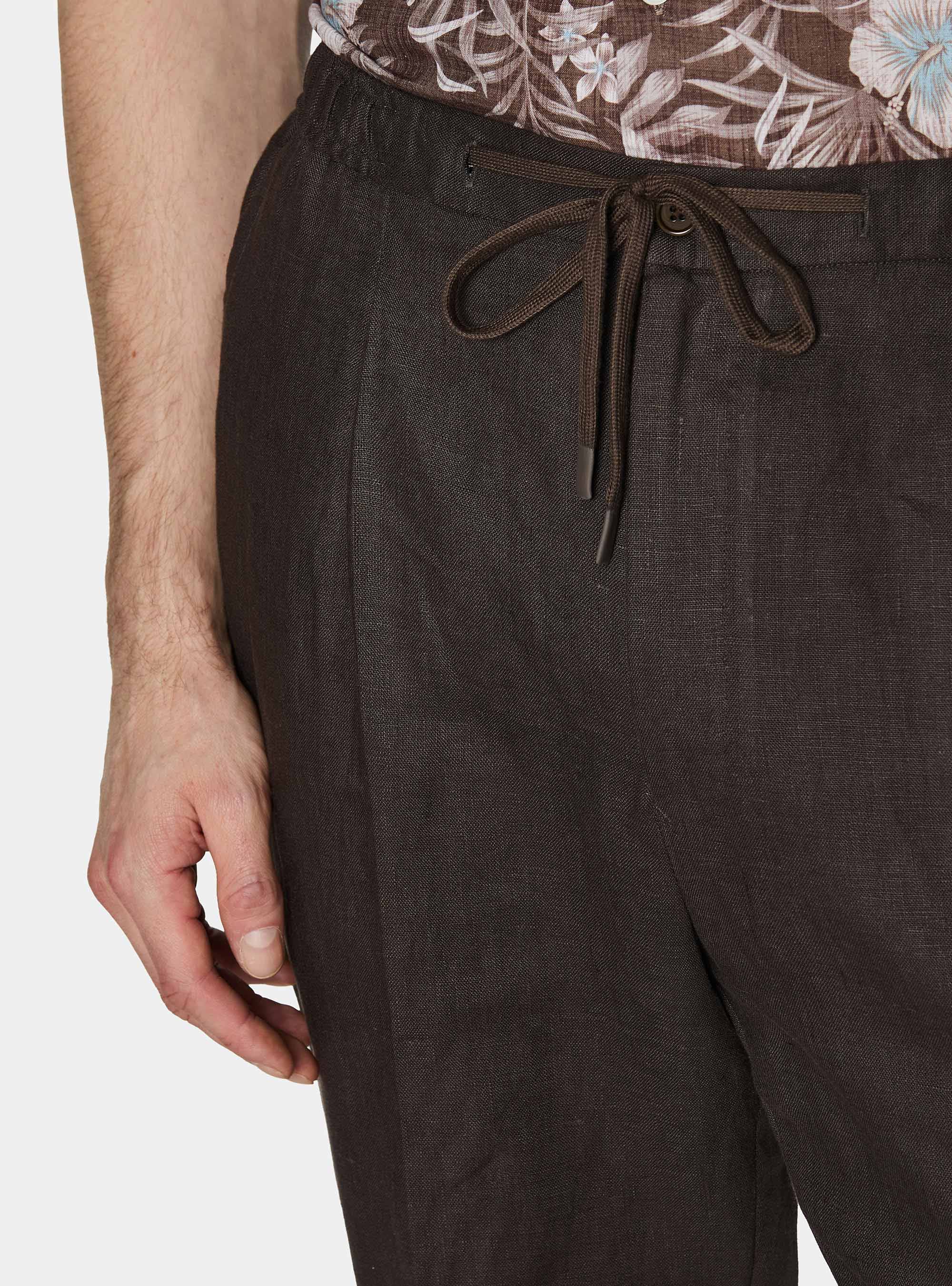 Pure linen trousers with pleat and drawstring, BROWN