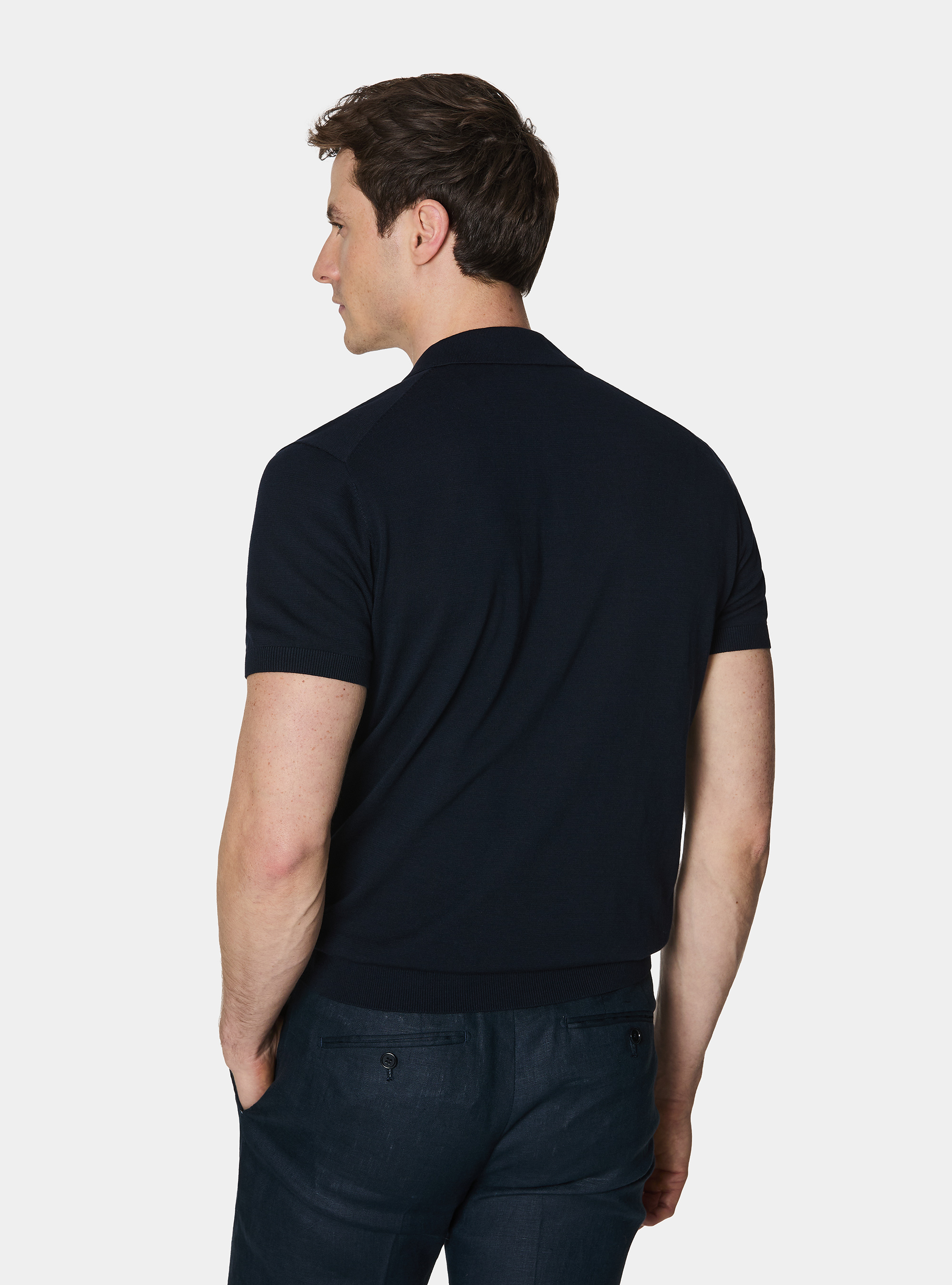 Buttonless knitted polo shirt in extra-fine cotton, NAVY BLUE