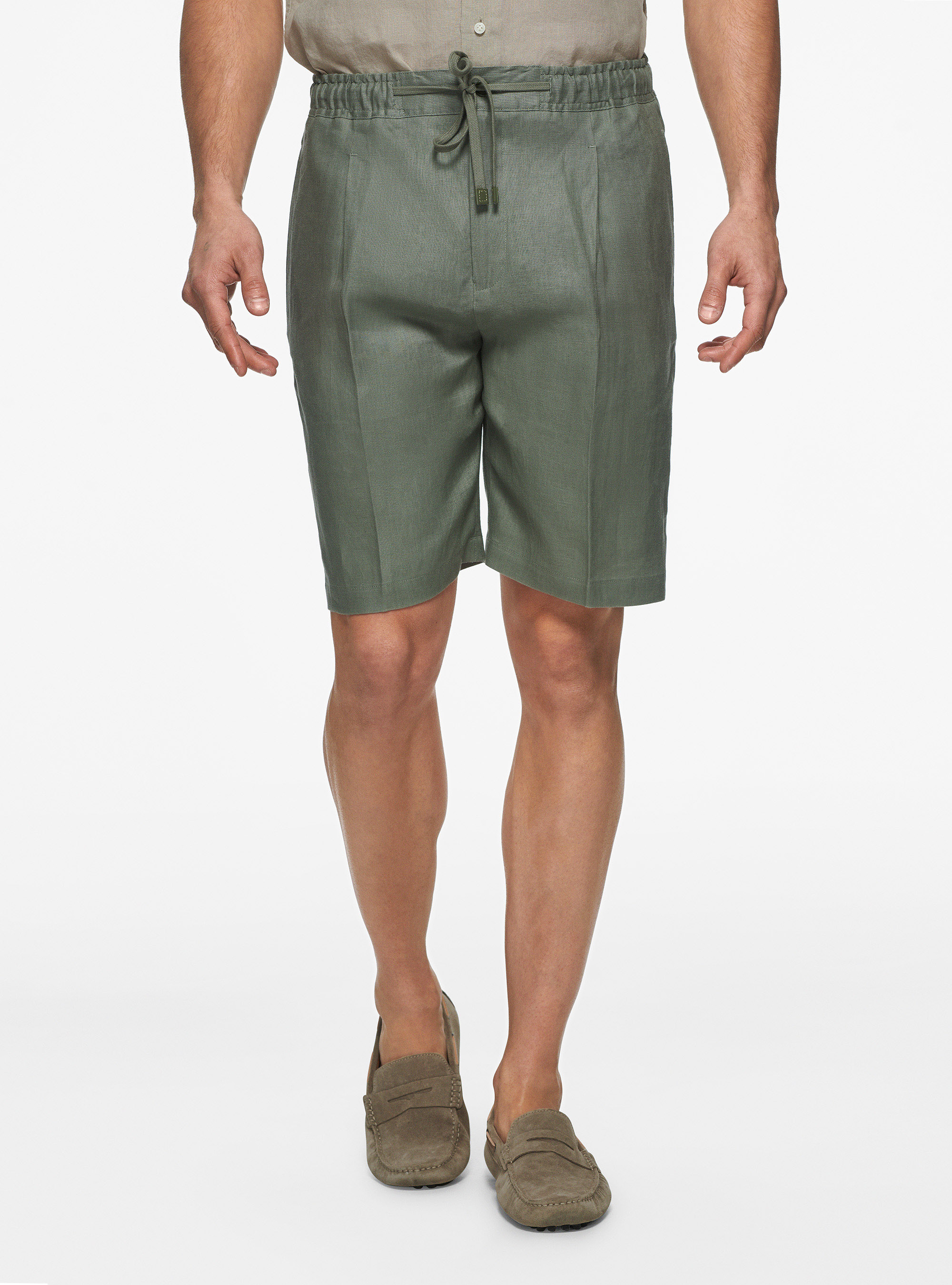 Linen Bermuda shorts with elastic and drawstring, SALVIA 0602C