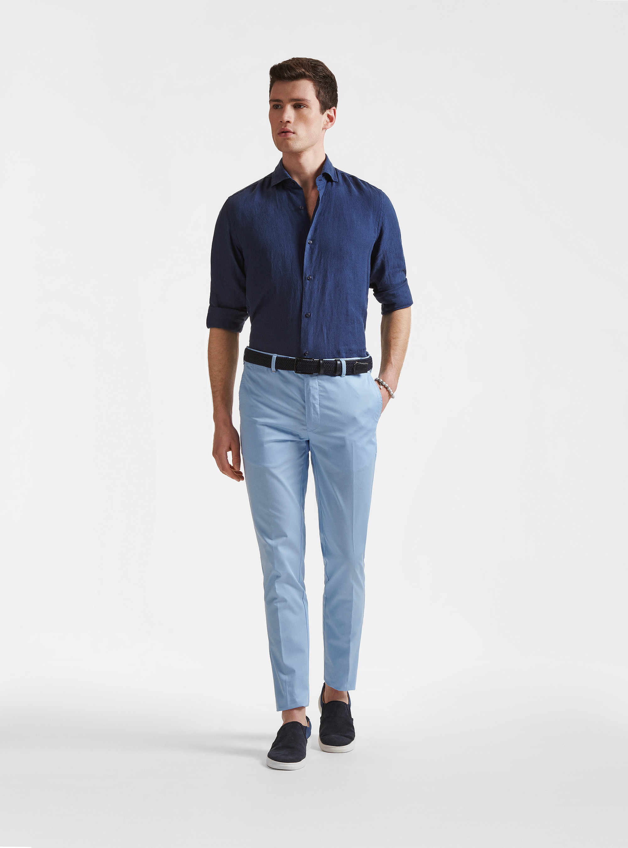 Camicia collo semi francese in puro lino, BLU NAVY