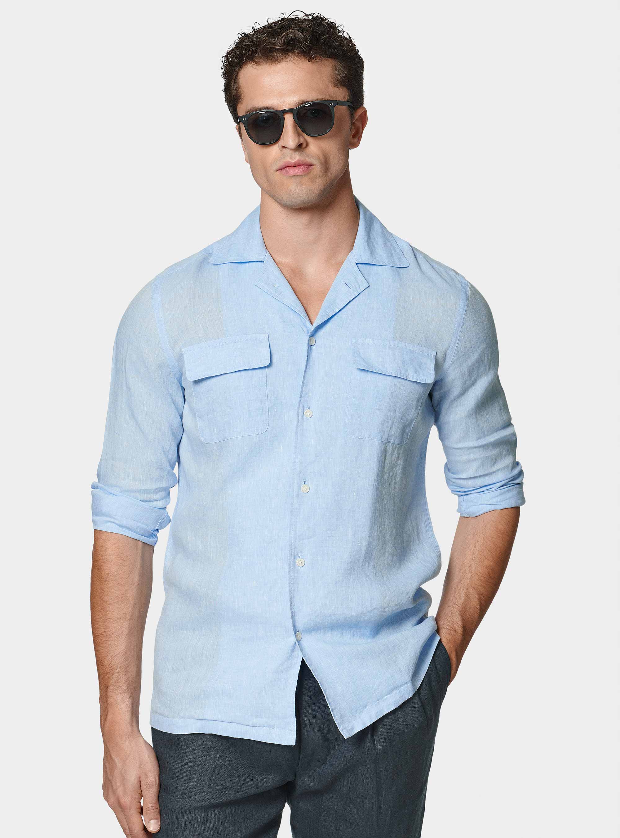 Camicia bowling in puro lino con tasconi, AZZURRO