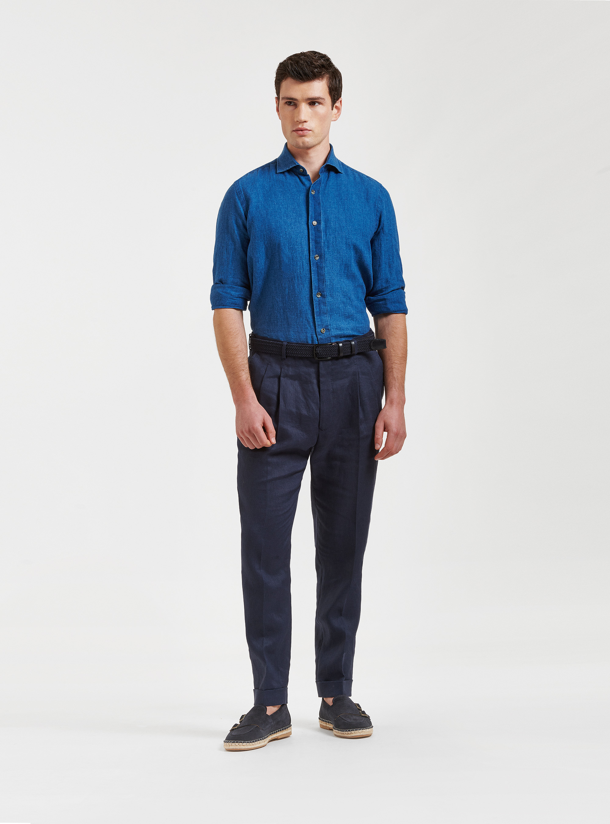 Camicia collo semi francese in lino cotone, BLU