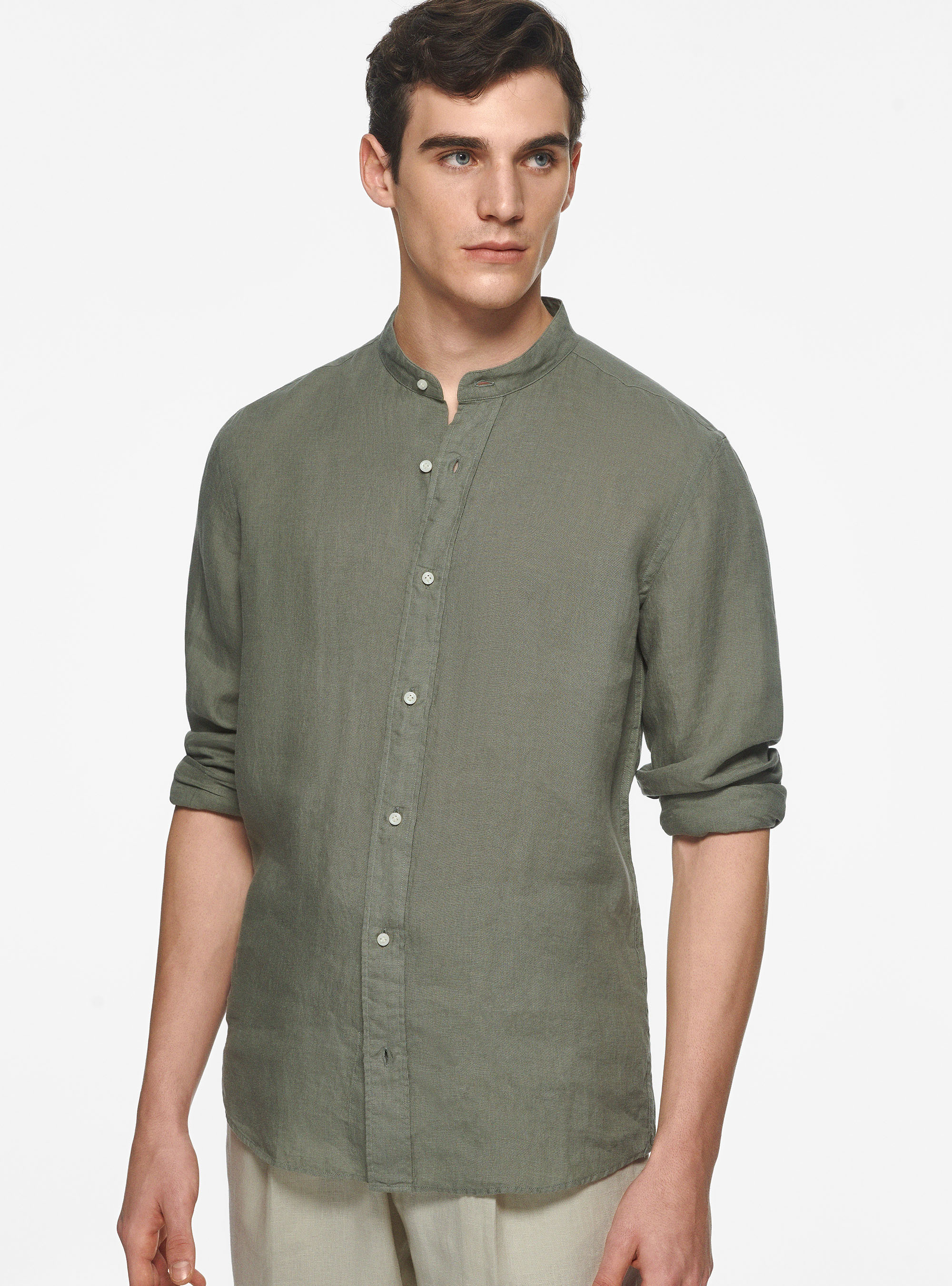 Camicia coreana in puro lino, SALVIA 0602C