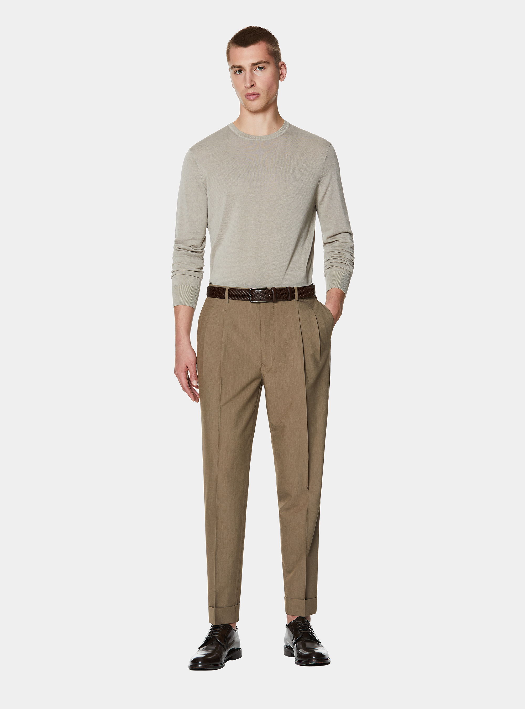 Cotton and silk crew neck sweater, SAND