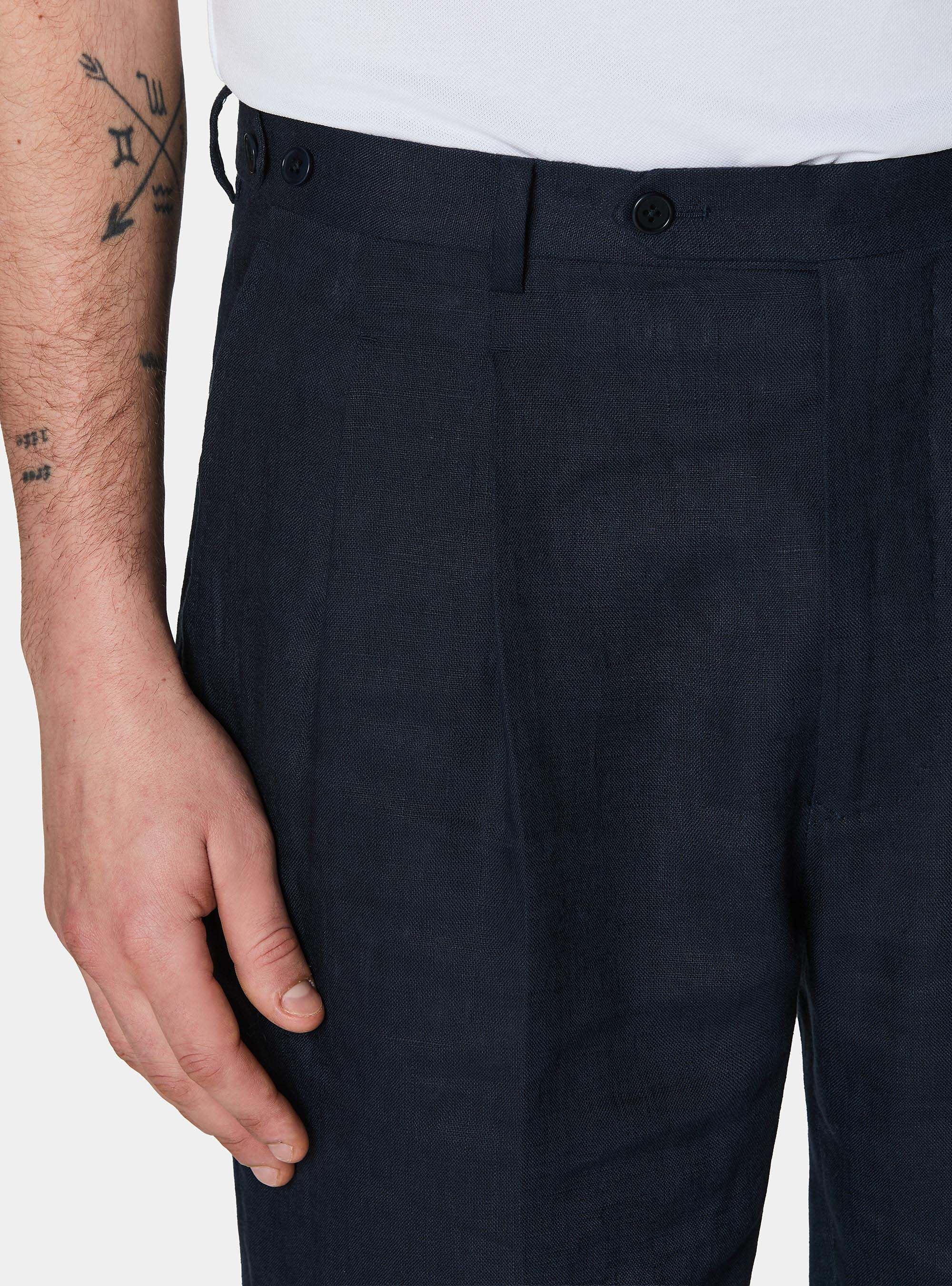 Pure linen double pleat trousers, NAVY BLUE
