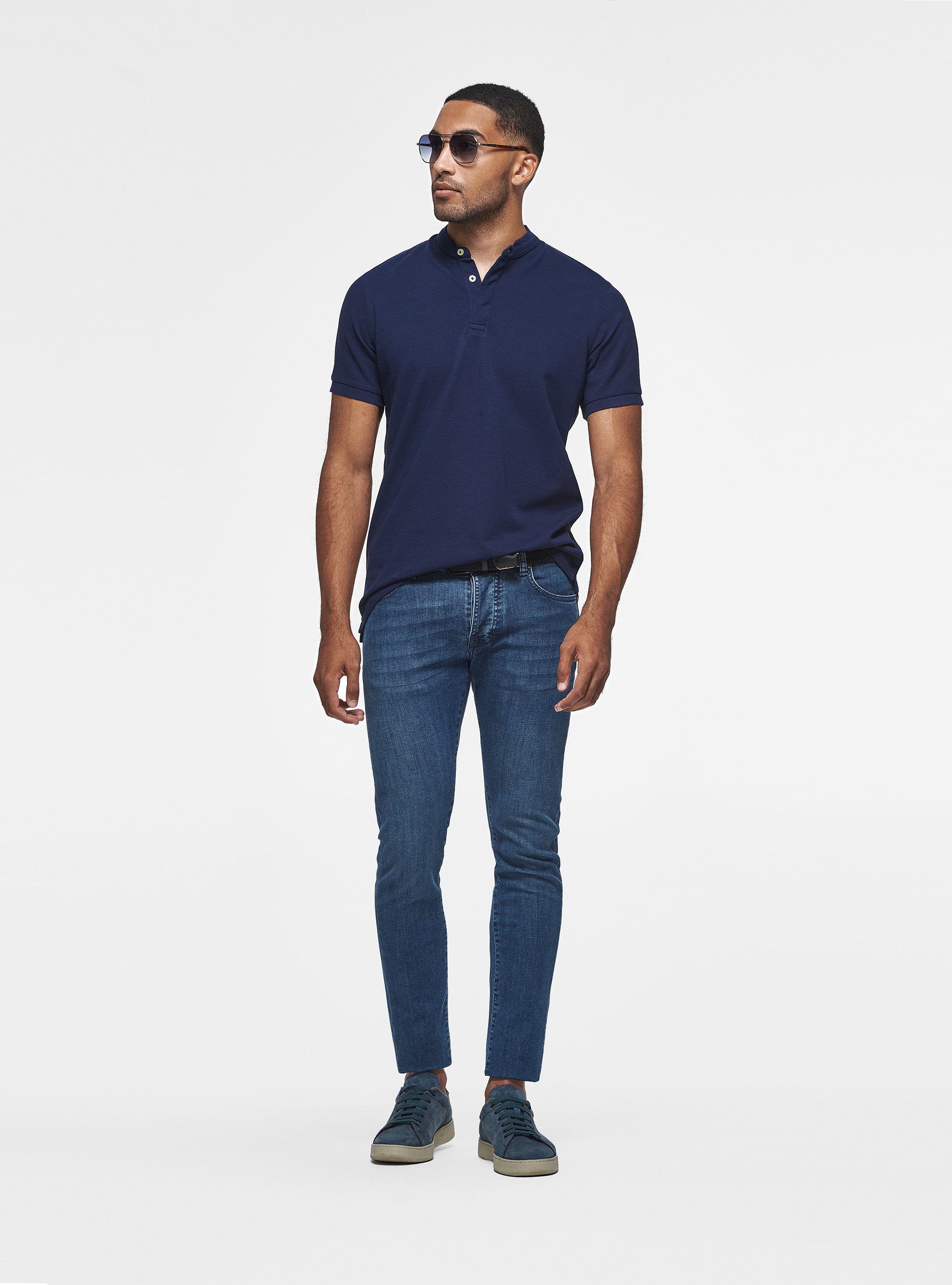 Polo coreano de piqu&eacute;, AZUL MEDIO