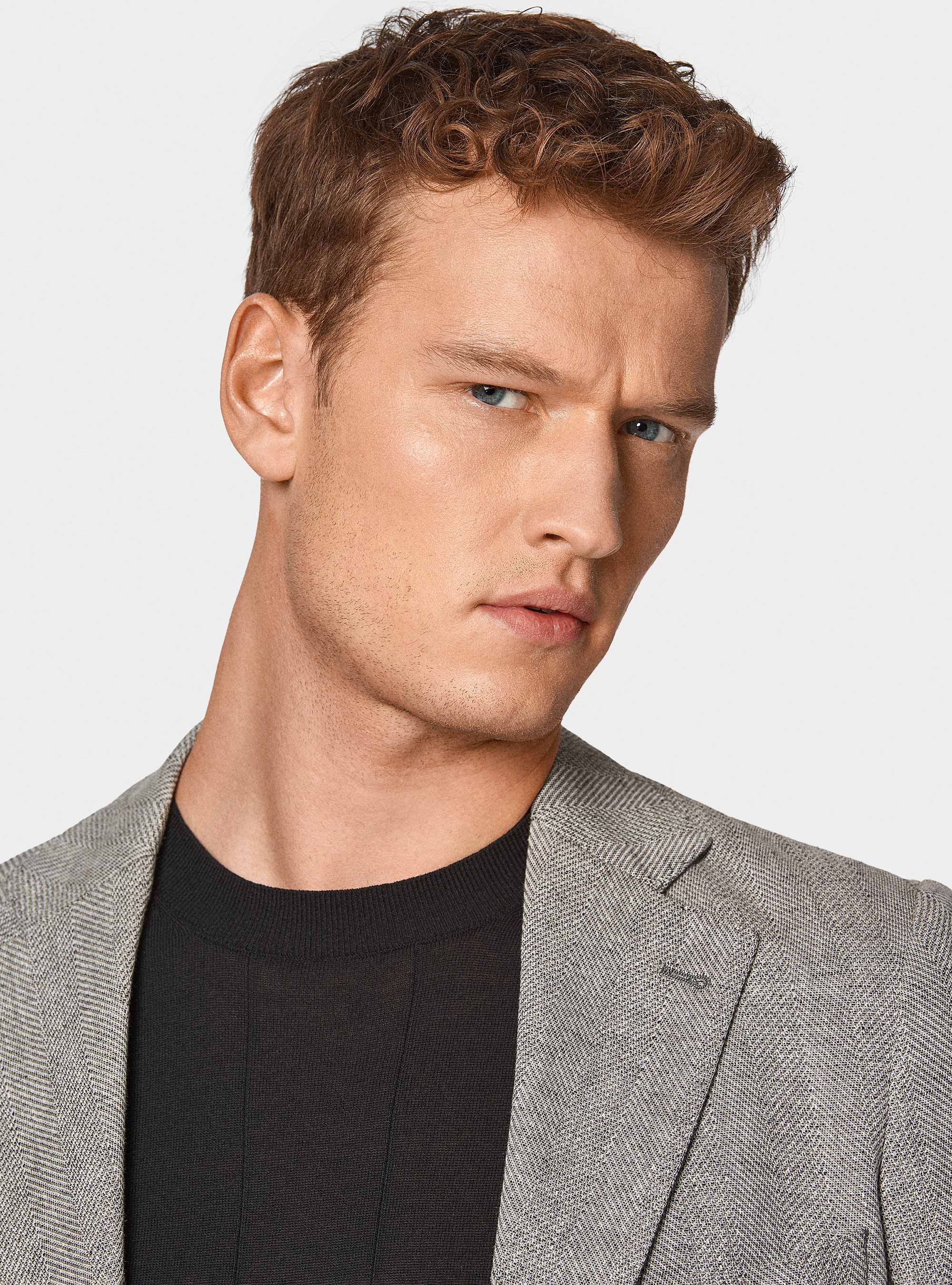 Herringbone blazer in linen and cotton, GREY