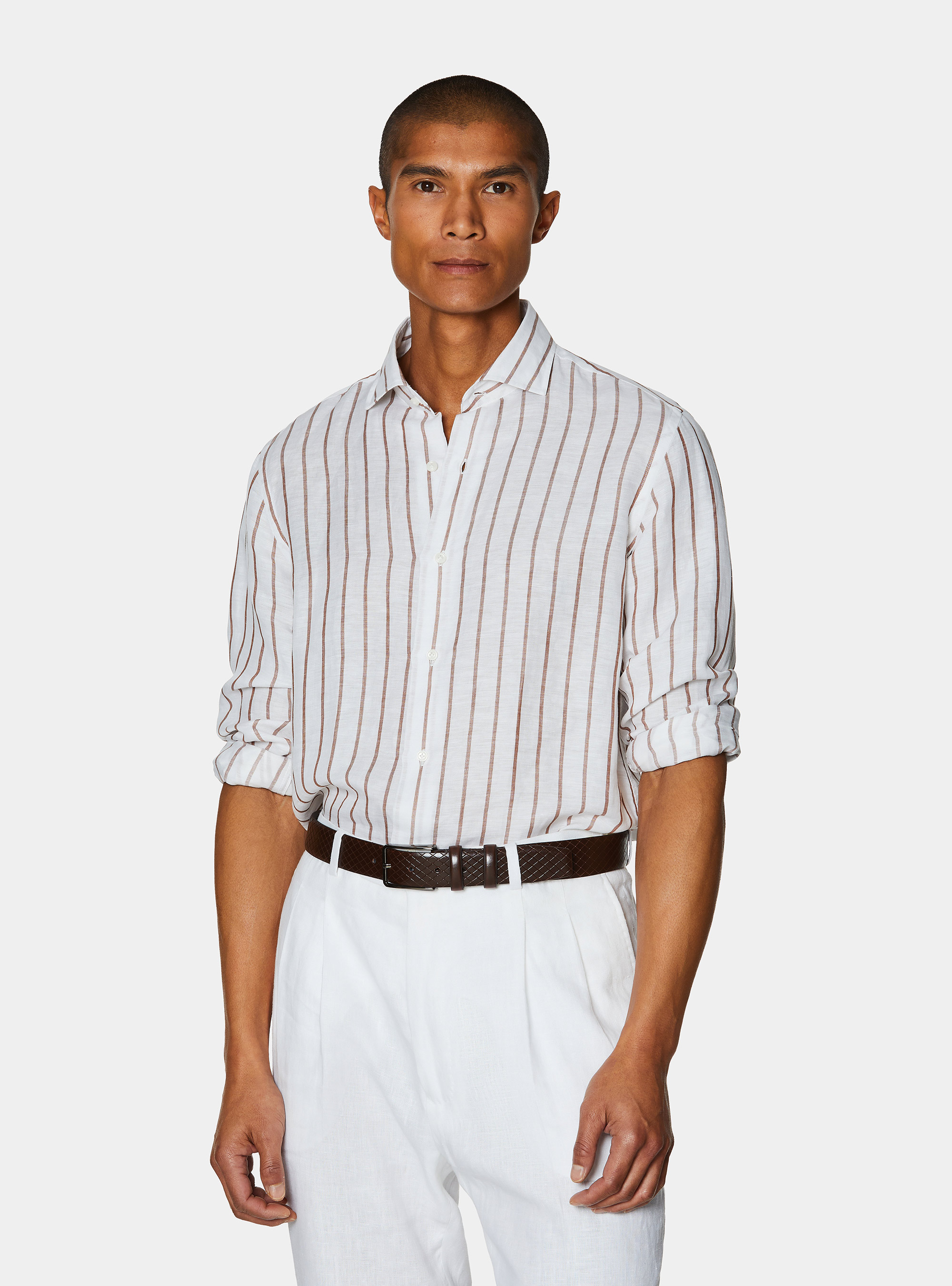 Linen blend striped shirt, BROWN