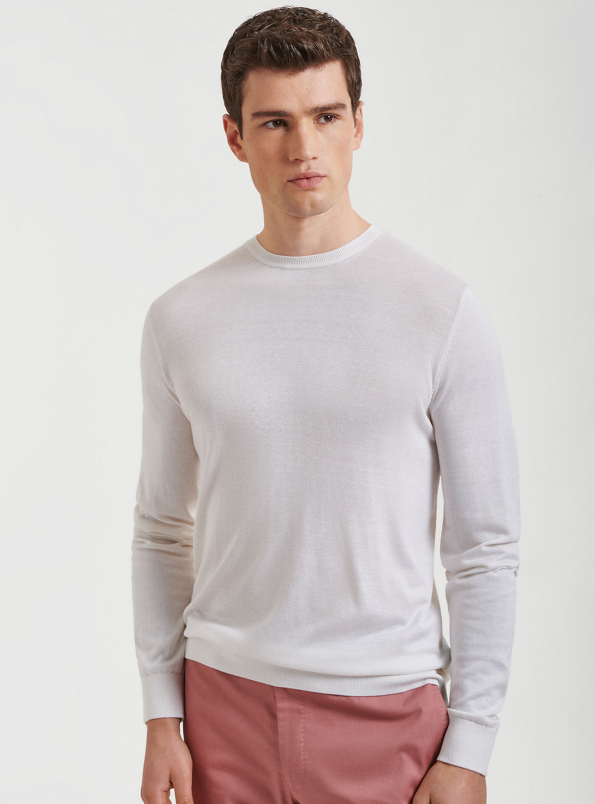 Punto de seda y algod&oacute;n con cuello redondo, BLANCO