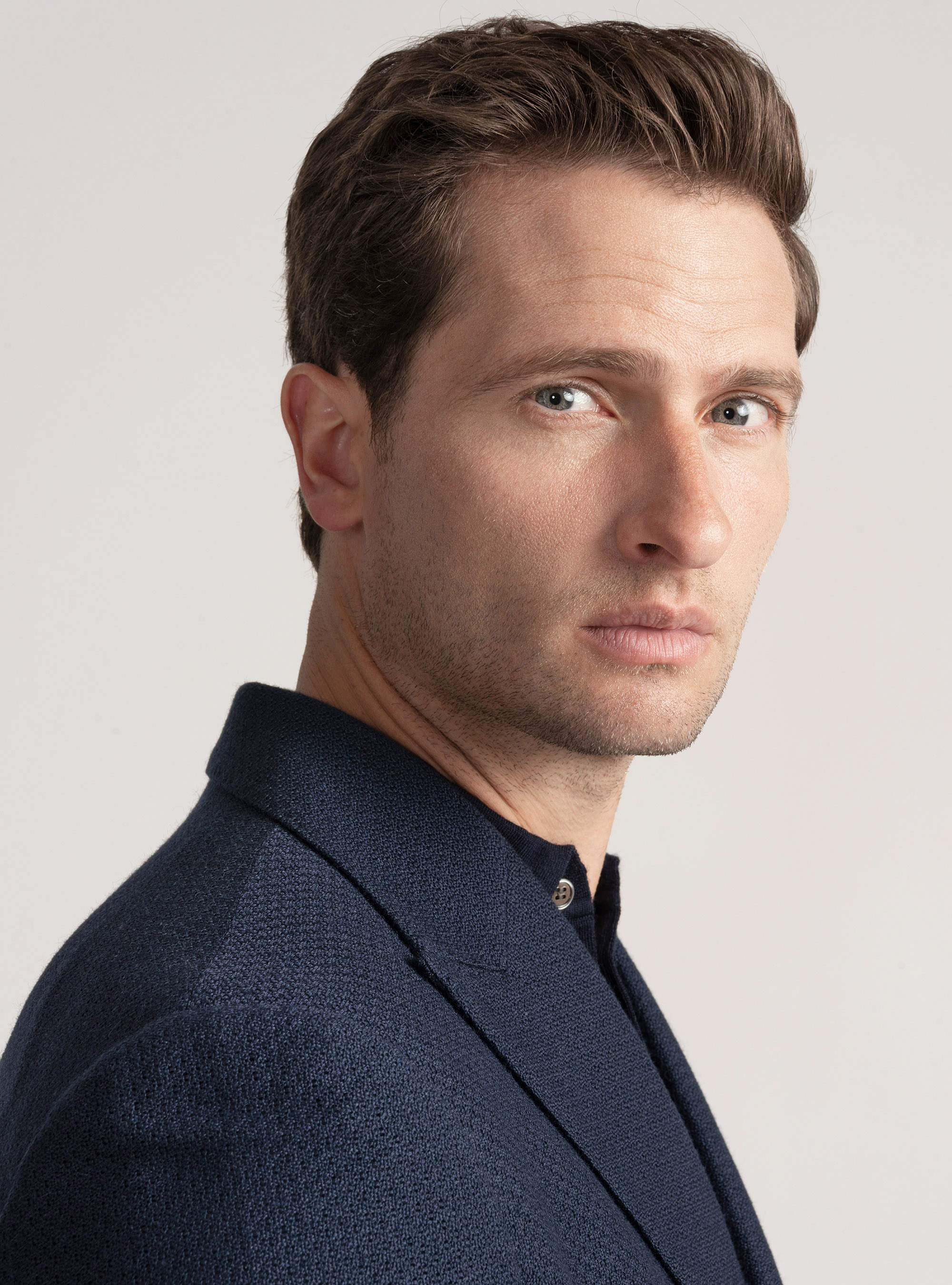 Double-breasted leno blazer in wool and cotton, NAVY BLUE
