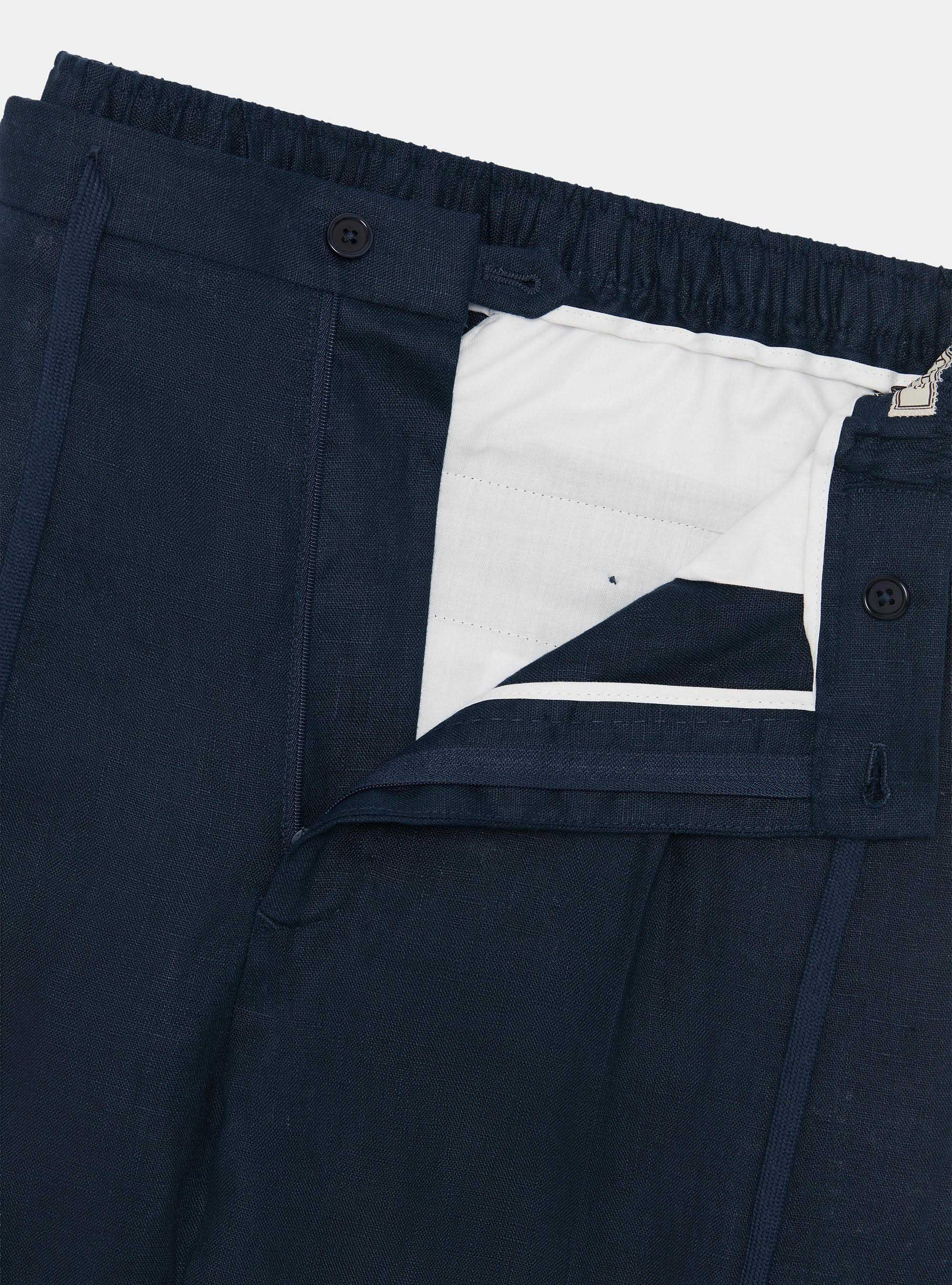 Pure linen trousers with pleat and drawstring, NAVY BLUE