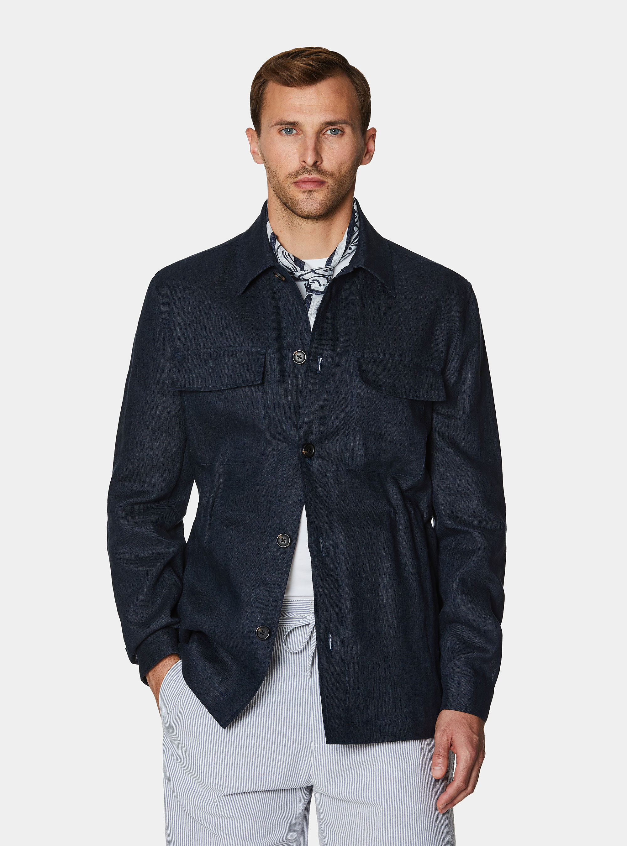 Pure linen shirt blazer with drawstring, NAVY BLUE