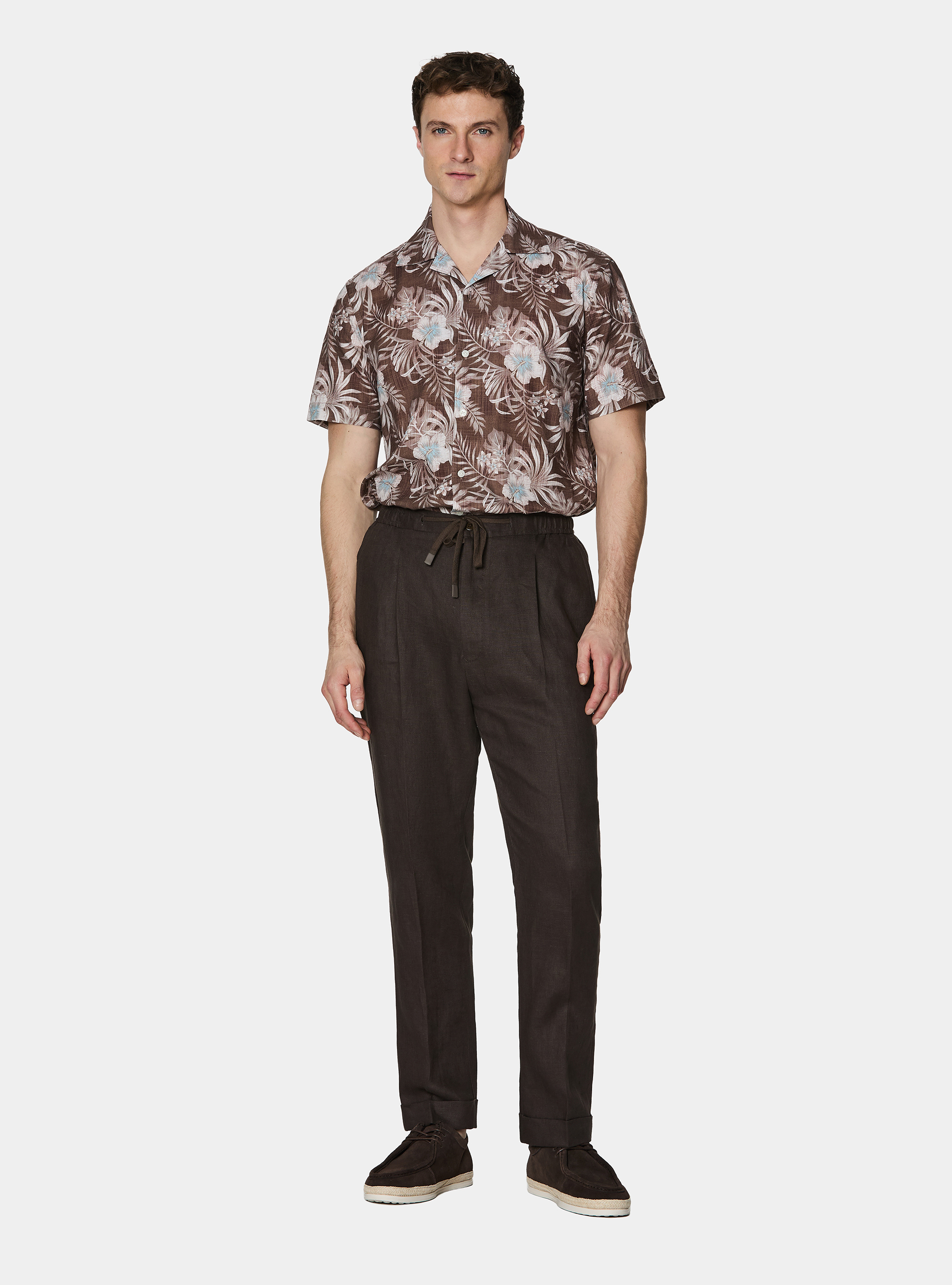 Pure linen trousers with pleat and drawstring, BROWN