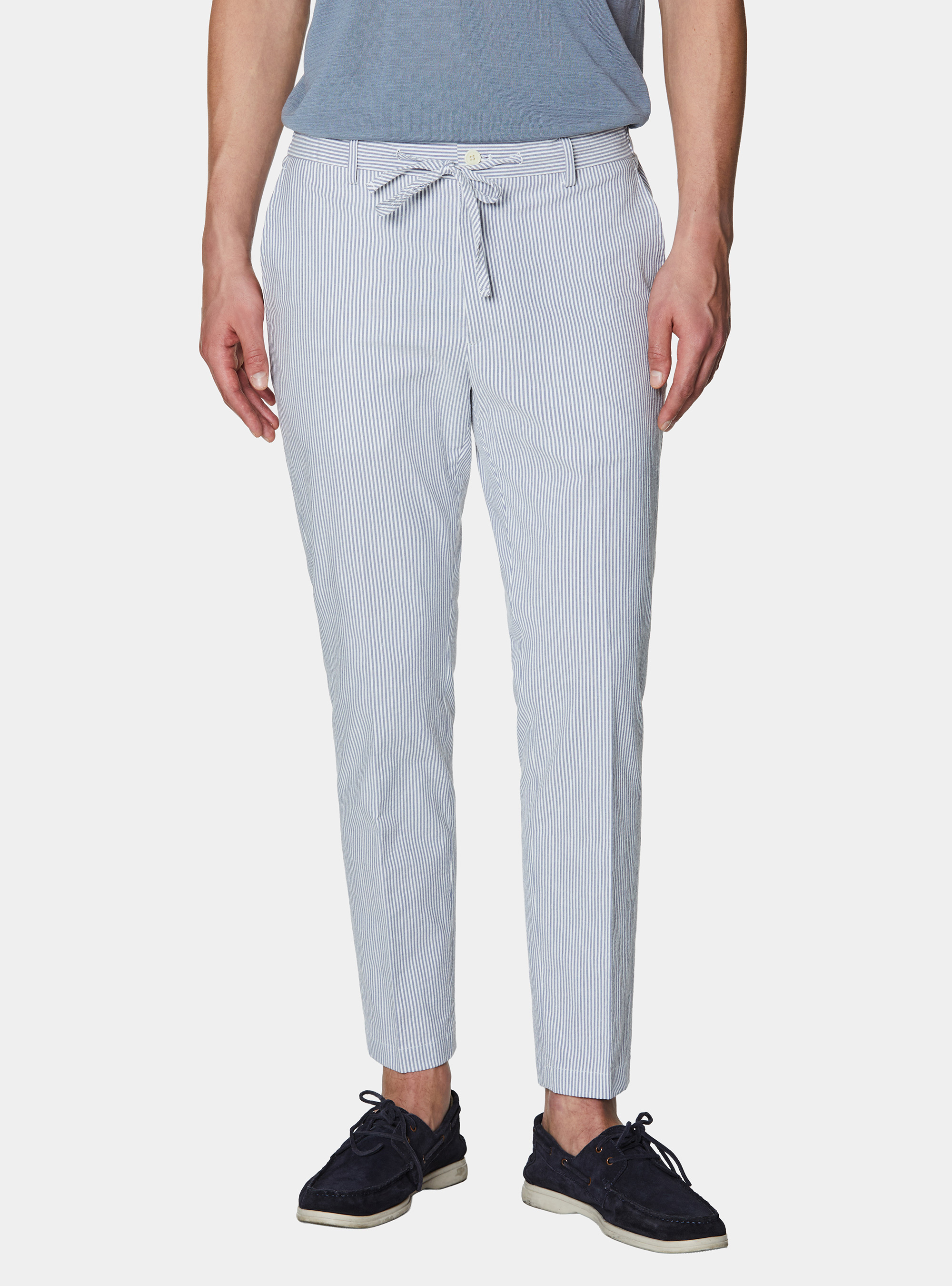 Seersucker cotton blend striped drawstring trousers, BLUE