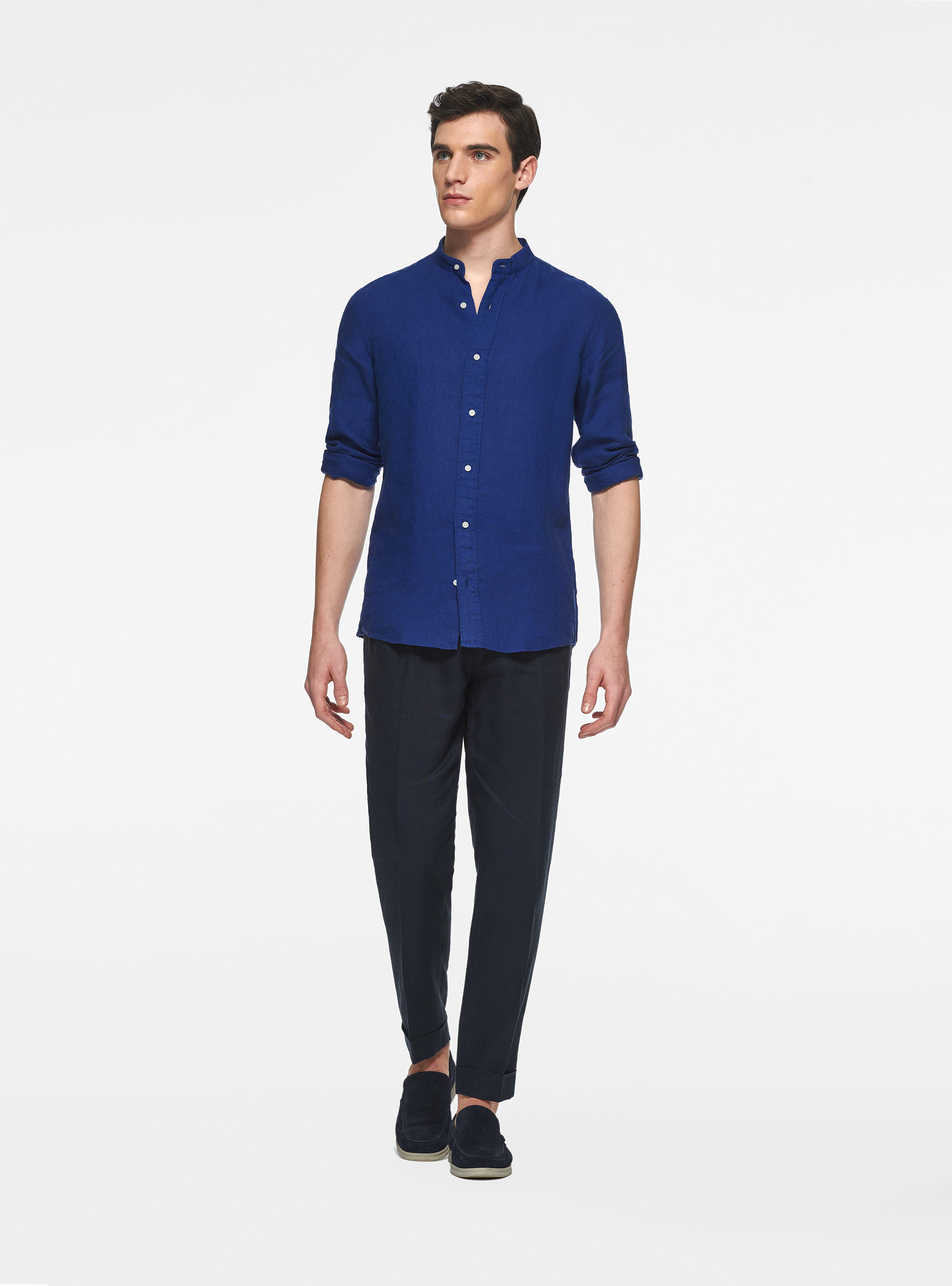 Camicia coreana in puro lino, BLU