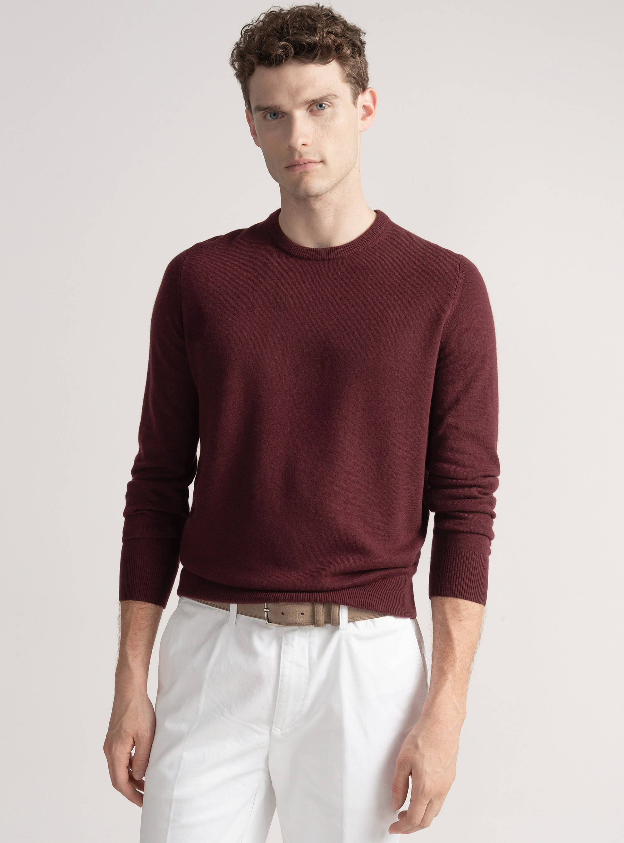 Maglia girocollo in lana lambswool e cashmere, BORDEAUX