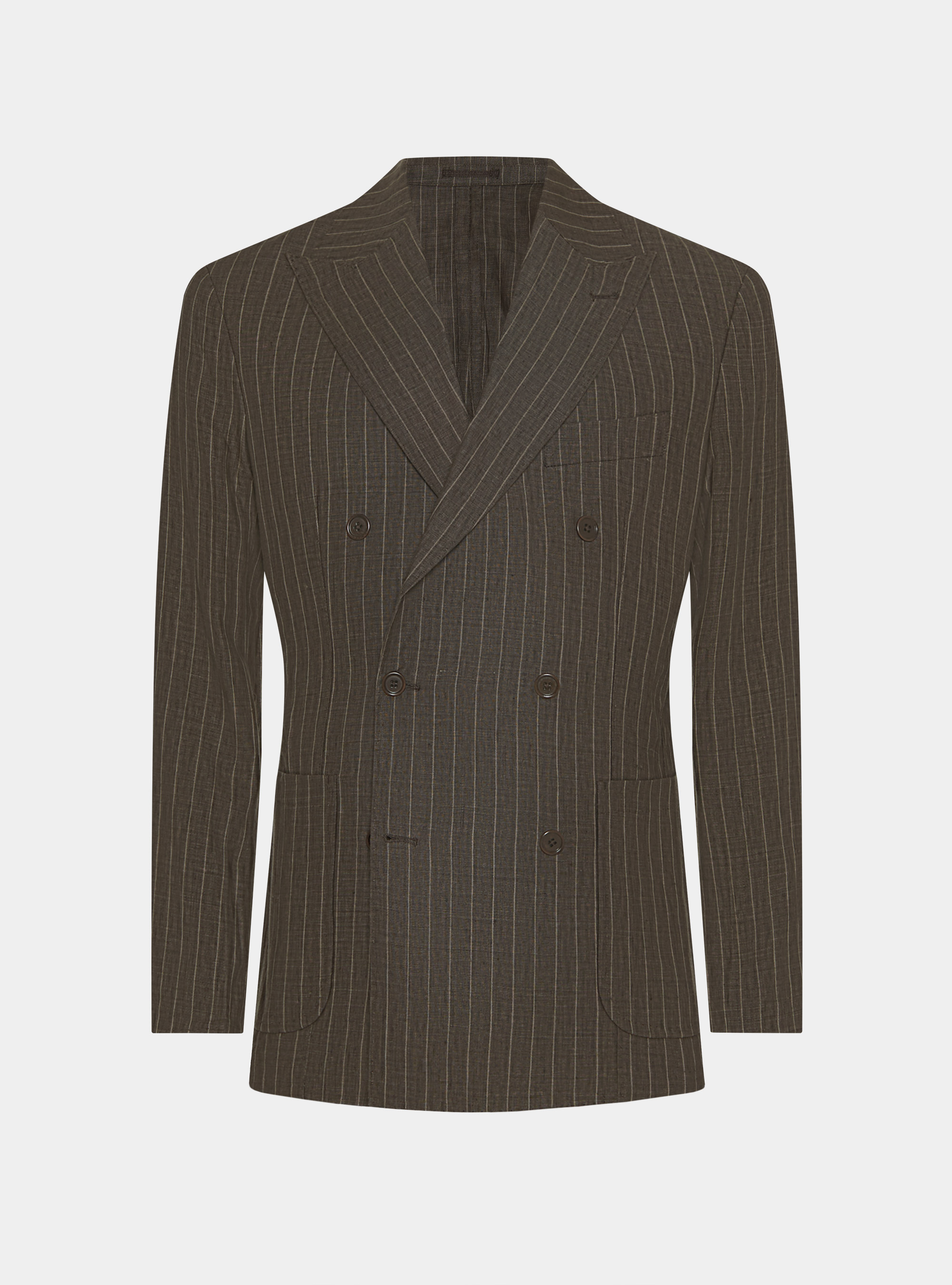 Double-breasted pinstripe suit blazer in delav&eacute; linen, BROWN