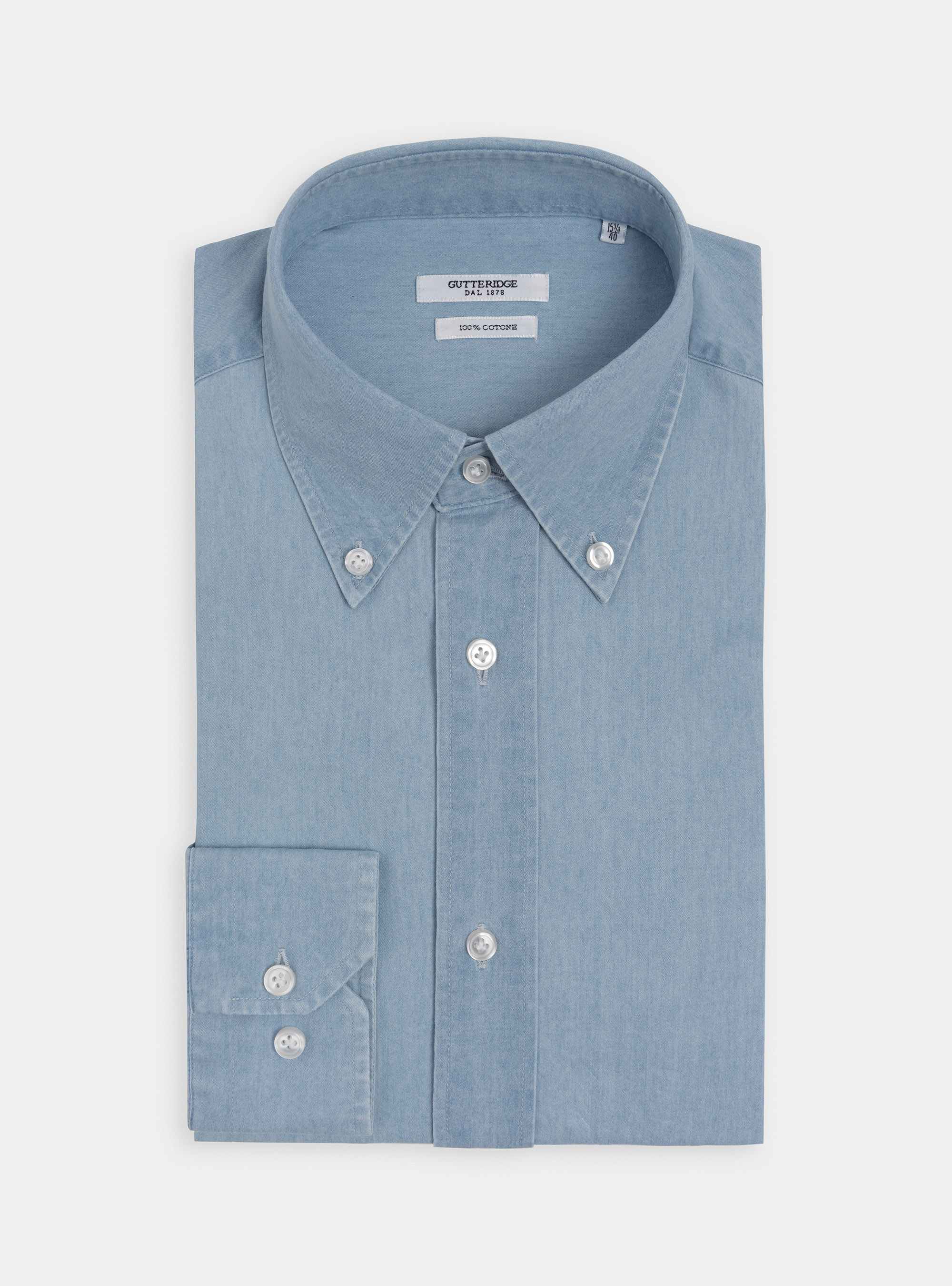 Camicia collo button down in chambray di cotone, AZZURRO